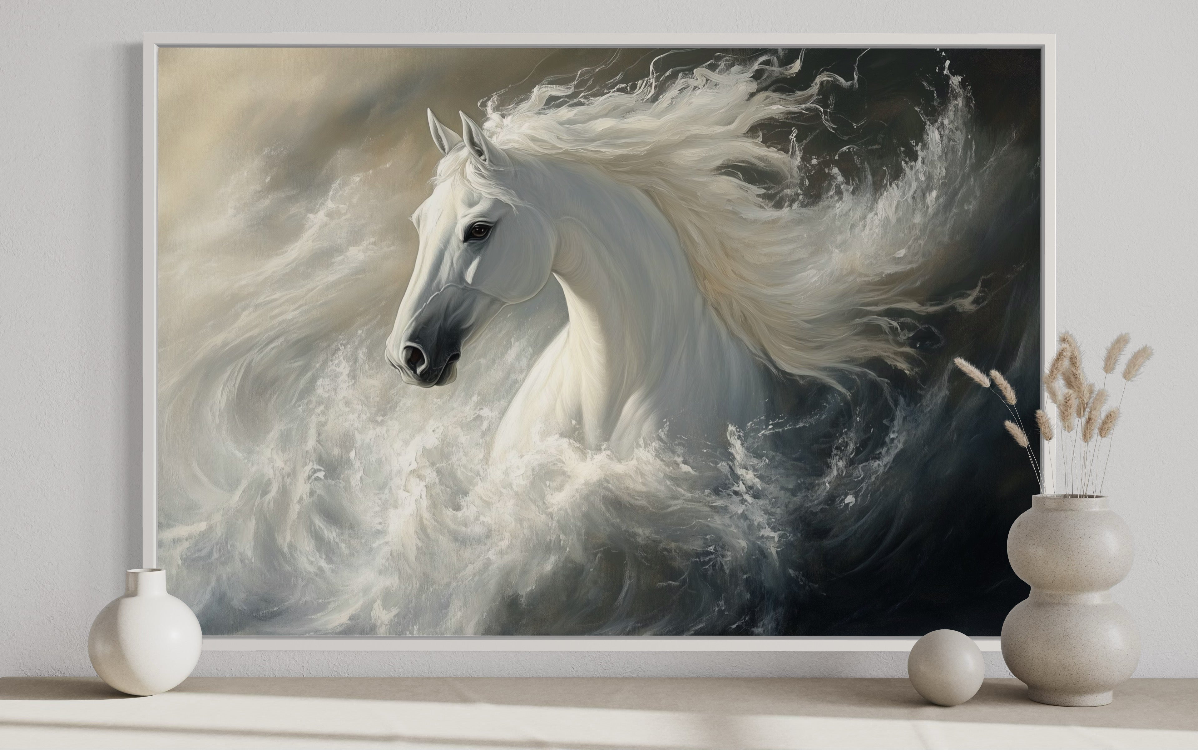 White Horse Abstract In Ocean Waves Framed Canvas Wall Art
