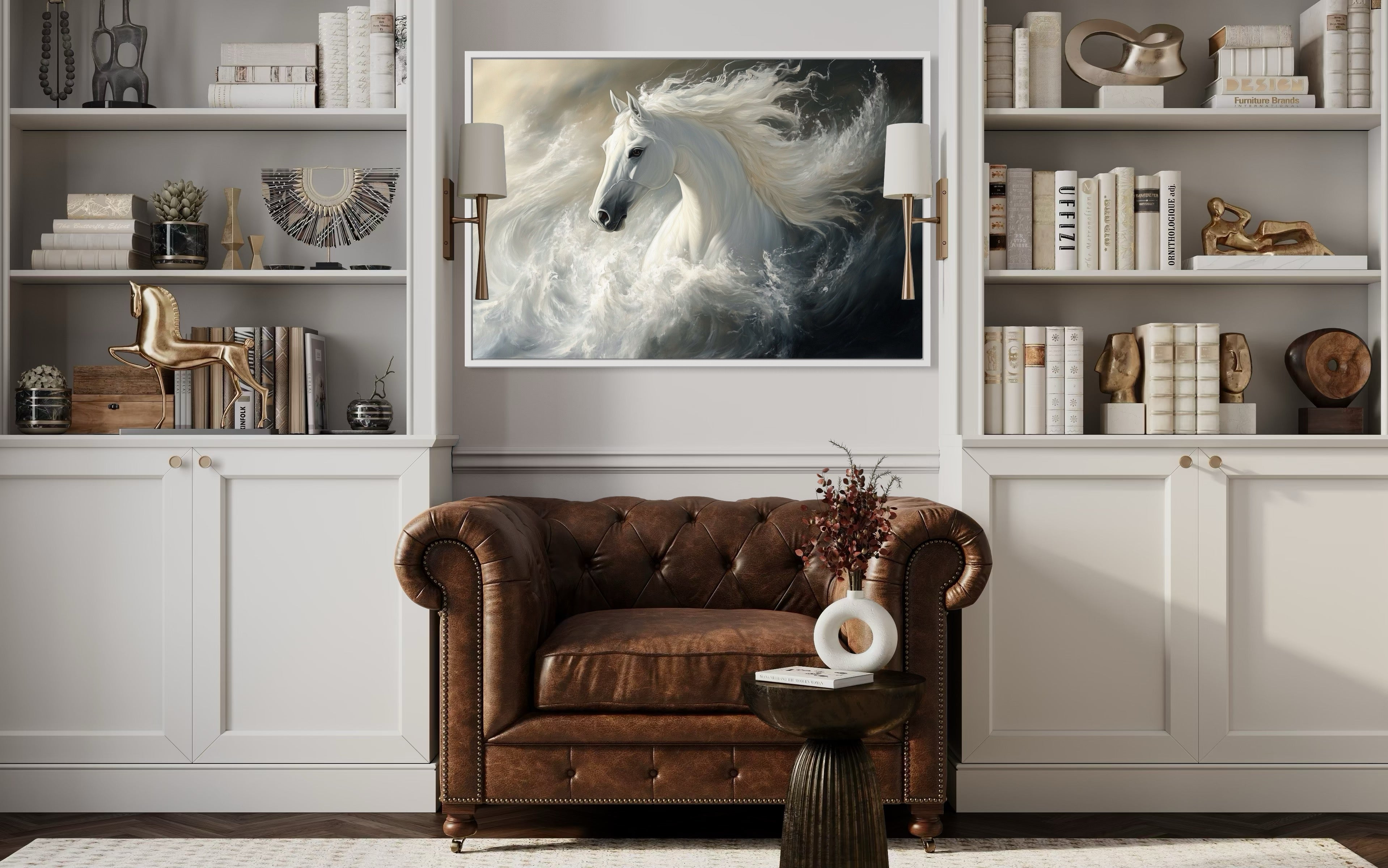 White Horse Abstract In Ocean Waves Framed Canvas Wall Art