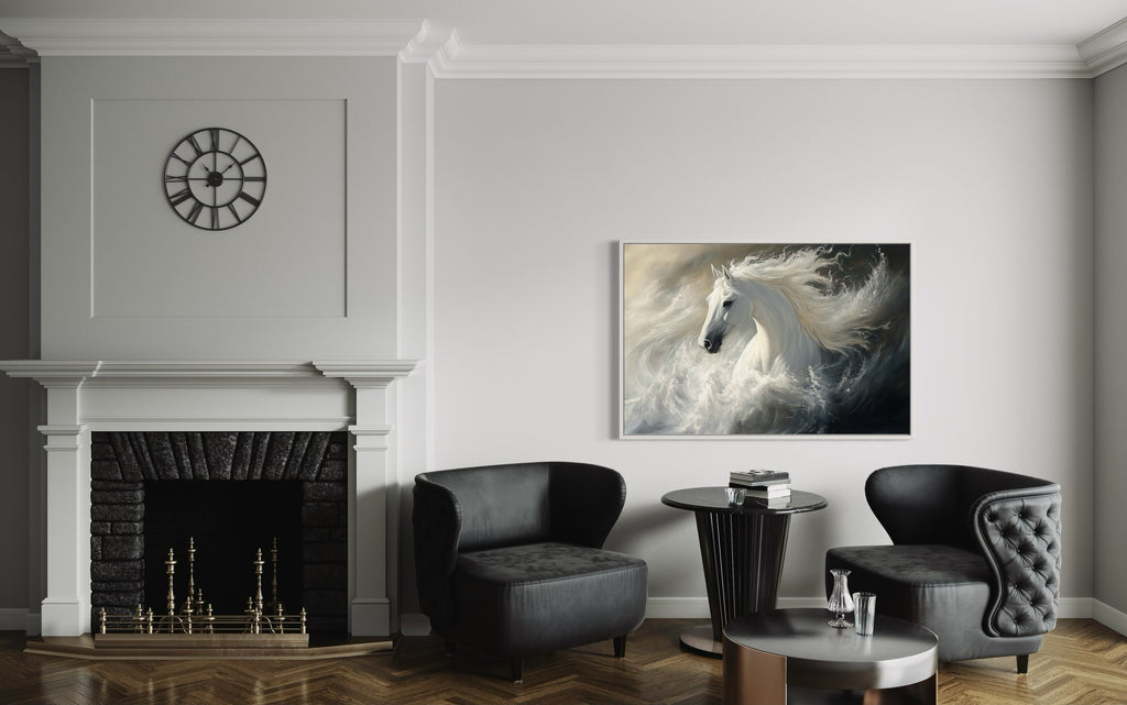 White Horse Abstract In Ocean Waves Framed Canvas Wall Art