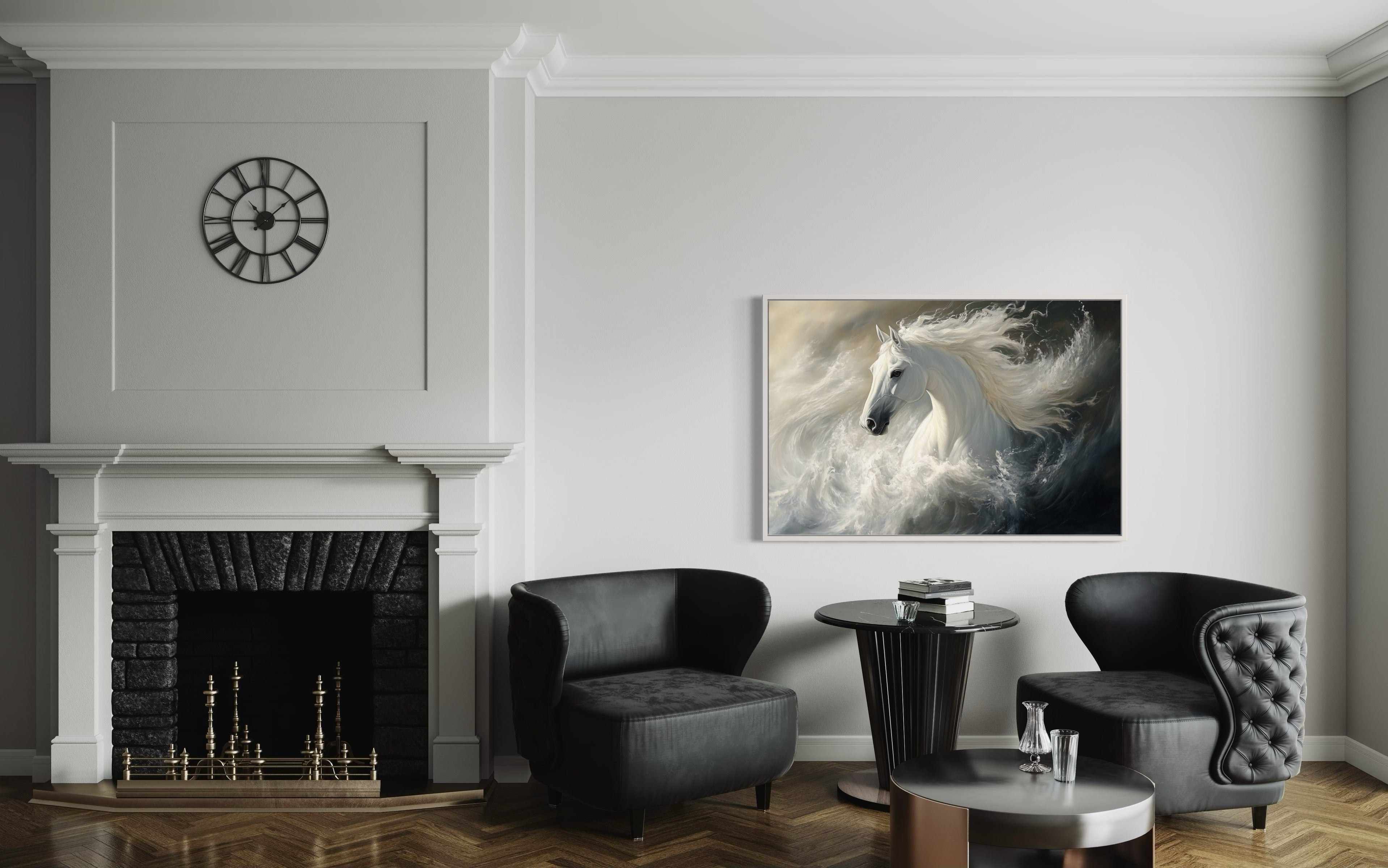 White Horse Abstract In Ocean Waves Framed Canvas Wall Art