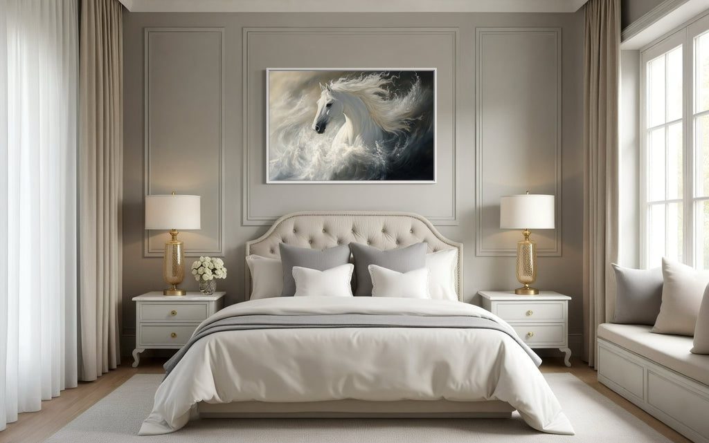 White Horse Abstract In Ocean Waves Framed Canvas Wall Art