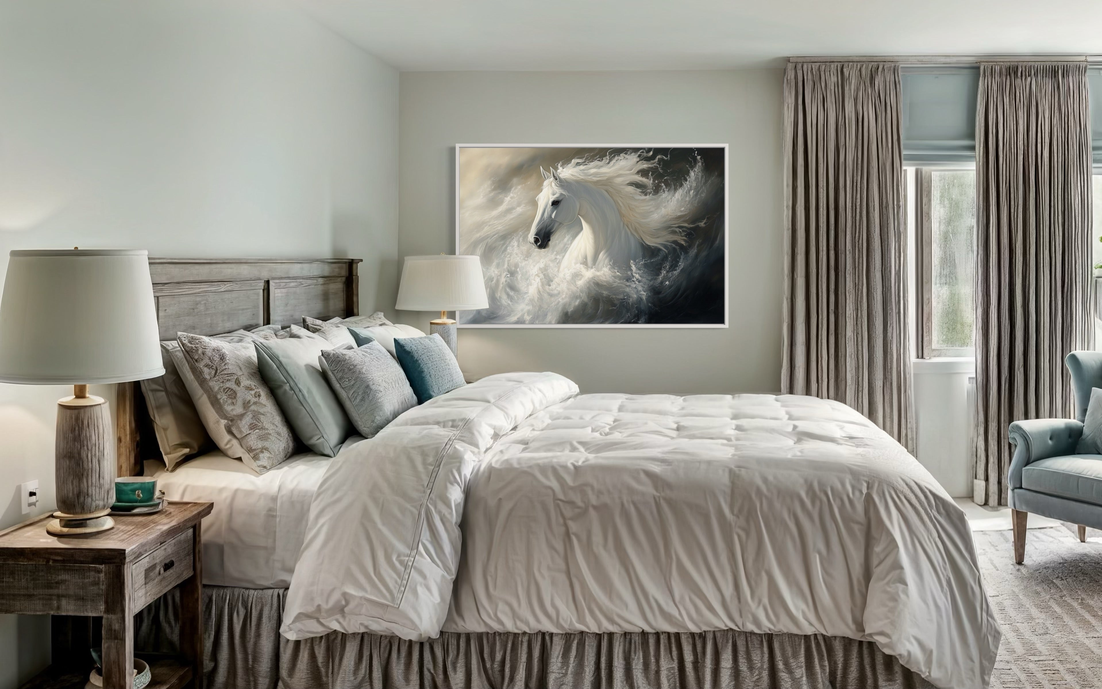 White Horse Abstract In Ocean Waves Framed Canvas Wall Art
