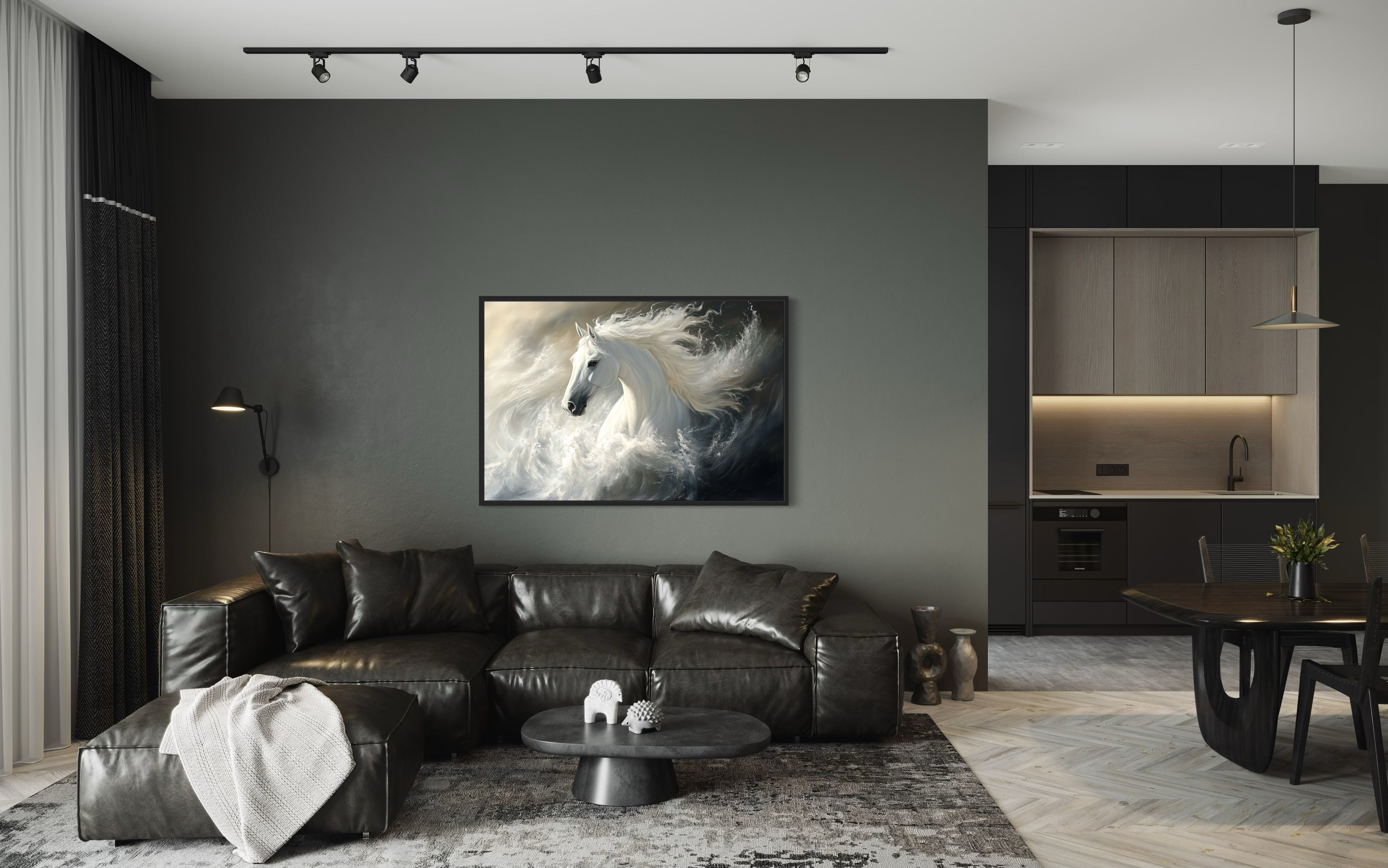 White Horse Abstract In Ocean Waves Framed Canvas Wall Art