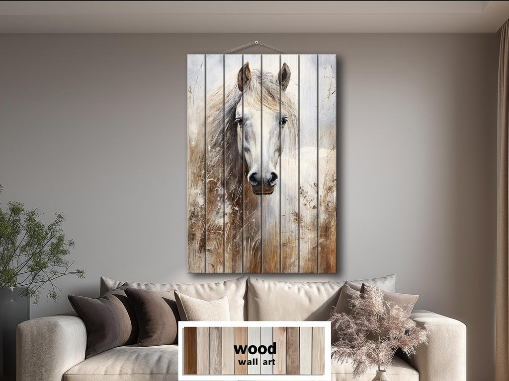 White Horse Distressed Wood Wall Art