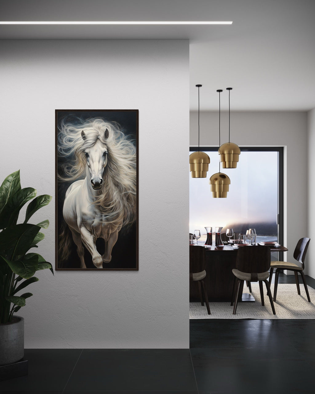 White Horse Wall Art | Vertical Canvas Print - Modern Minimalist Equestrian Decor