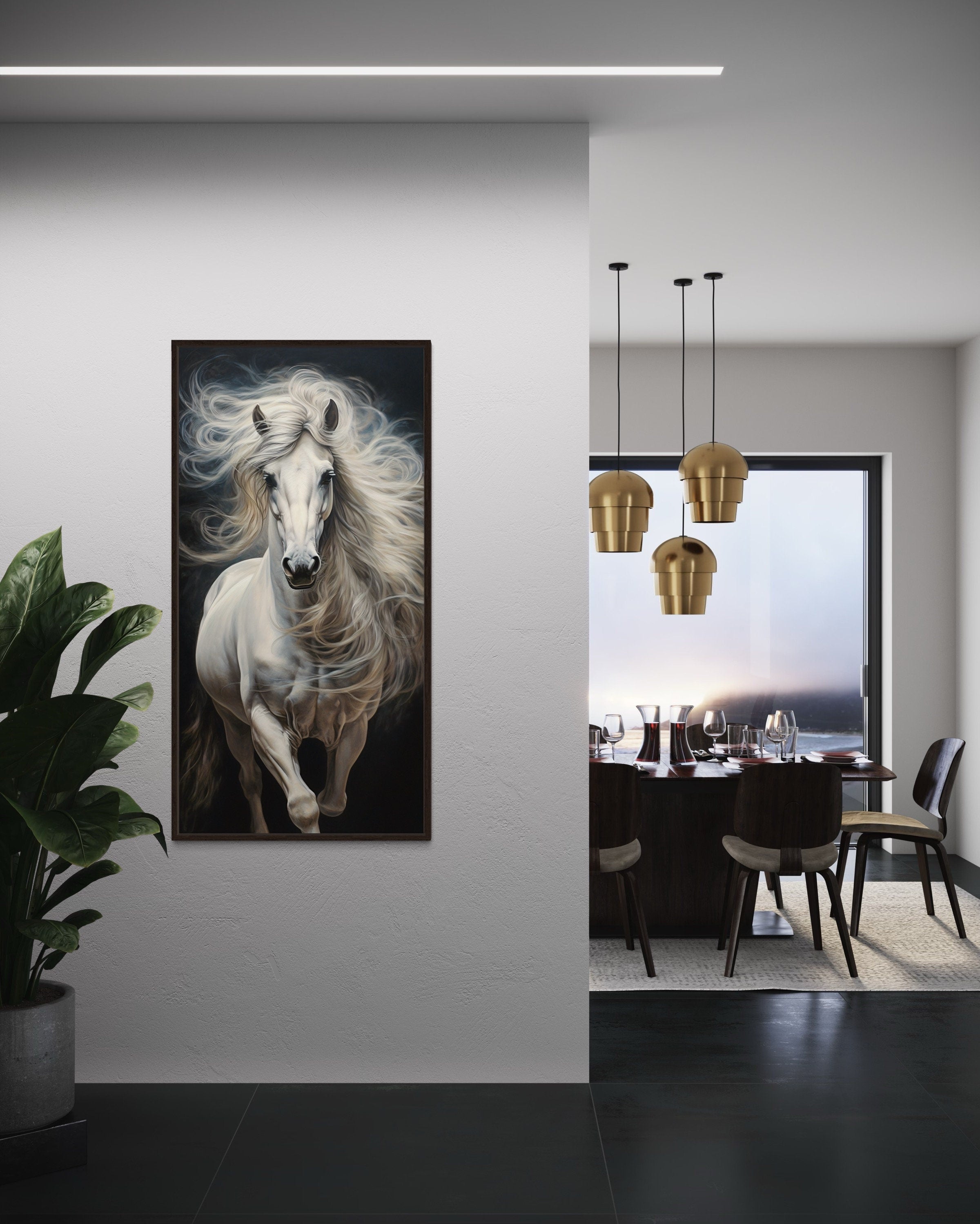 White Horse Wall Art | Vertical Canvas Print - Modern Minimalist Equestrian Decor