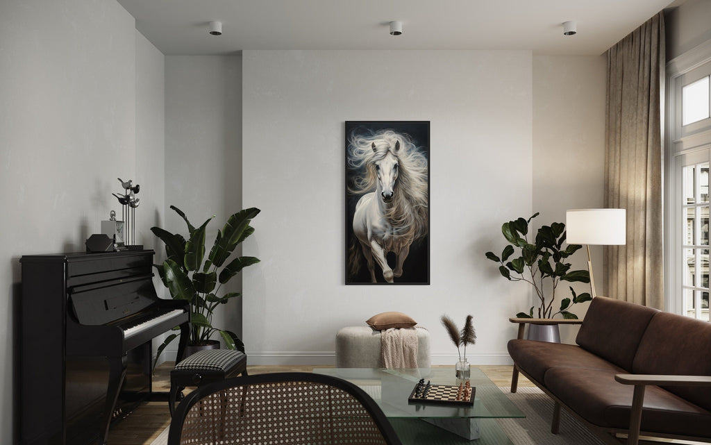 White Horse Wall Art | Vertical Canvas Print - Modern Minimalist Equestrian Decor