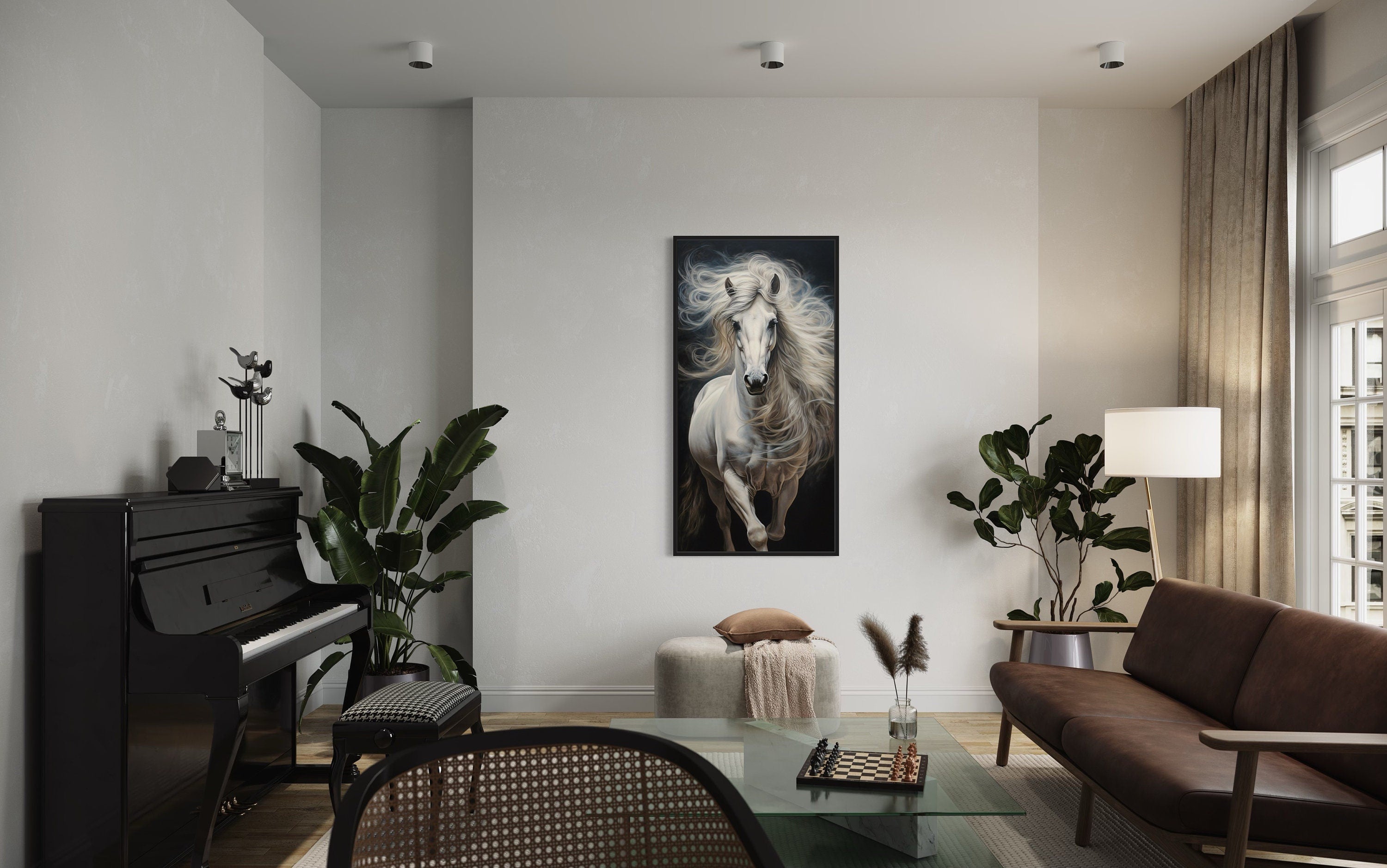 White Horse Wall Art | Vertical Canvas Print - Modern Minimalist Equestrian Decor