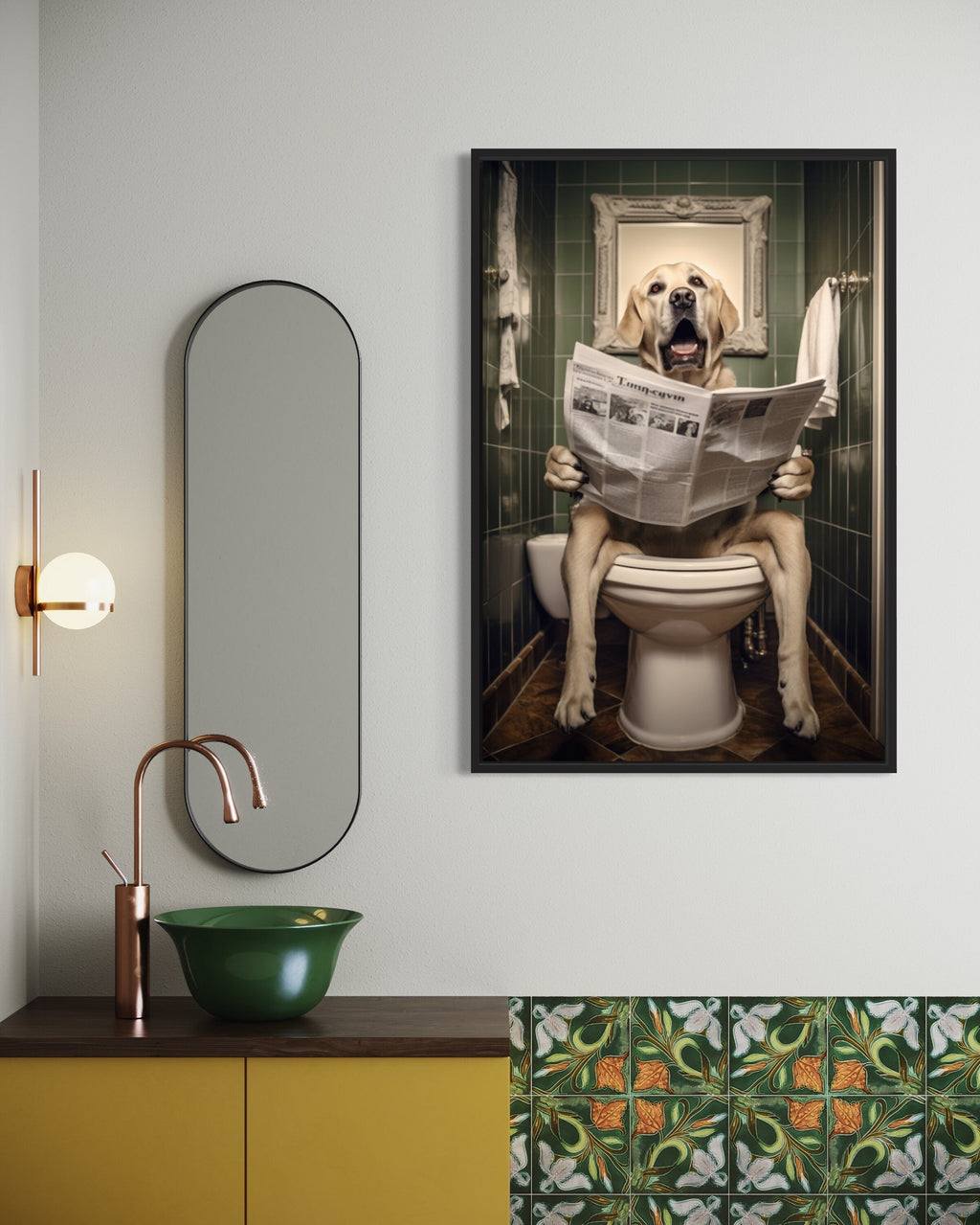 White Labrador Retriever Dog On The Toilet Reading Newspaper Picture