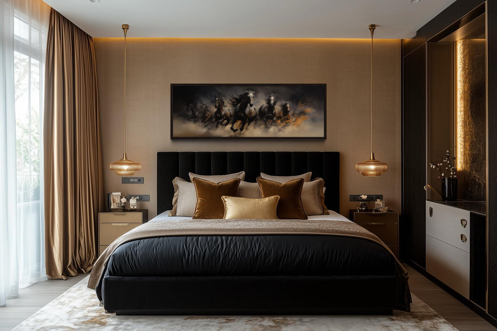 Wild Brown Galloping Horses Long Horizontal Canvas Wall Art Above Men's Bed