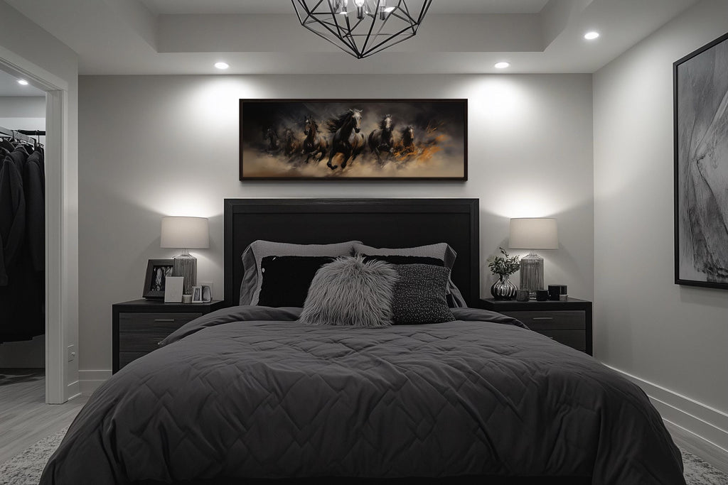 Wild Brown Galloping Horses Long Horizontal Canvas Wall Art Above Men's Bed