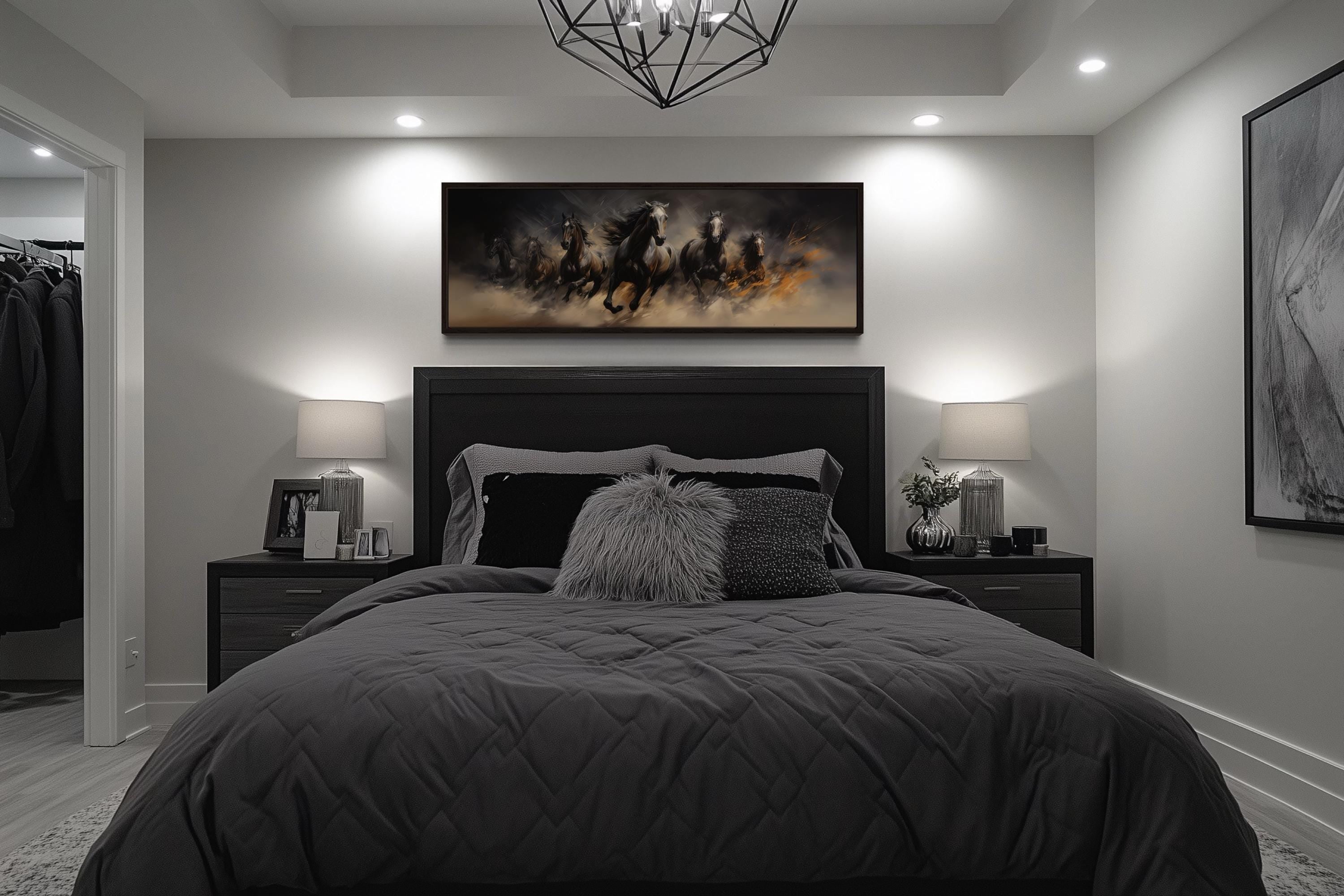Wild Brown Galloping Horses Long Horizontal Canvas Wall Art Above Men's Bed