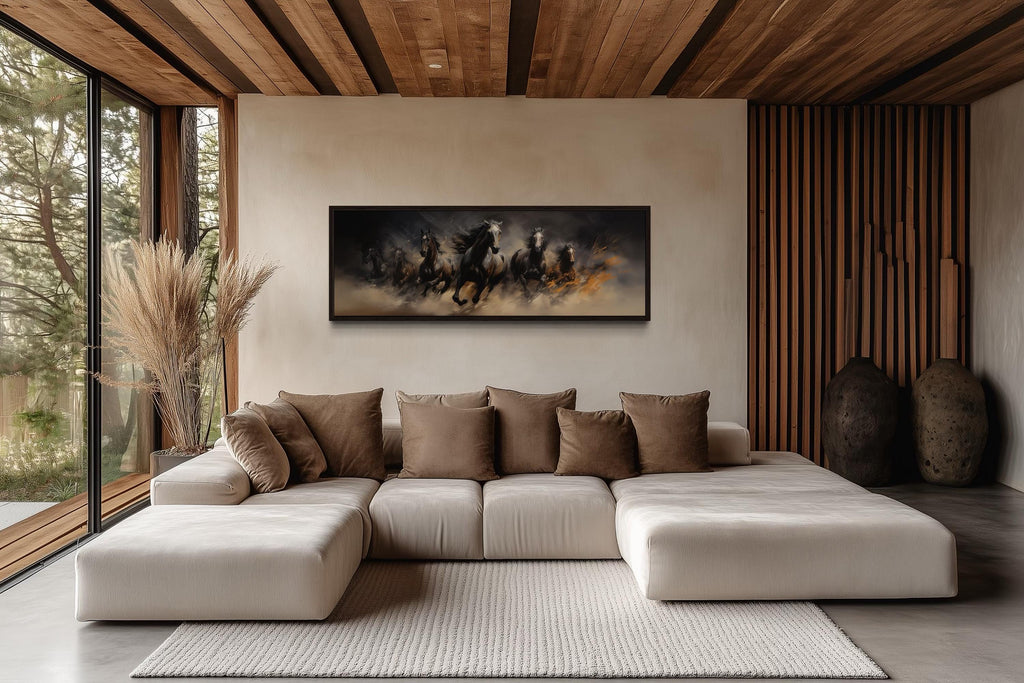 Wild Brown Galloping Horses Long Horizontal Canvas Wall Art Above Men's Bed
