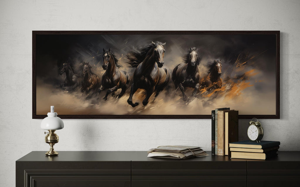 Wild Brown Galloping Horses Long Horizontal Canvas Wall Art Above Men's Bed