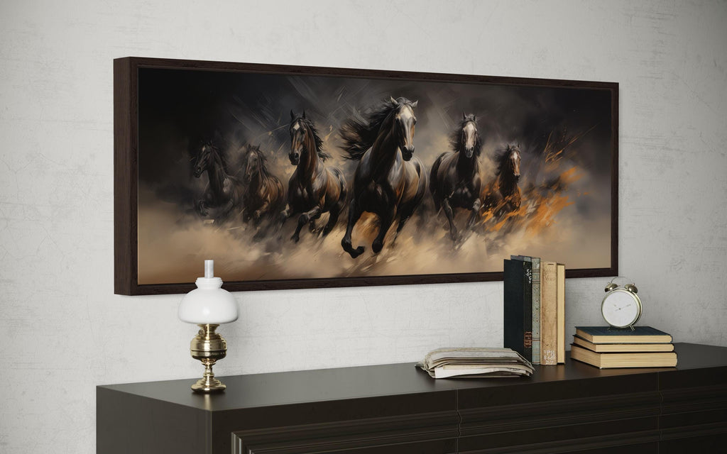 Wild Brown Galloping Horses Long Horizontal Canvas Wall Art Above Men's Bed
