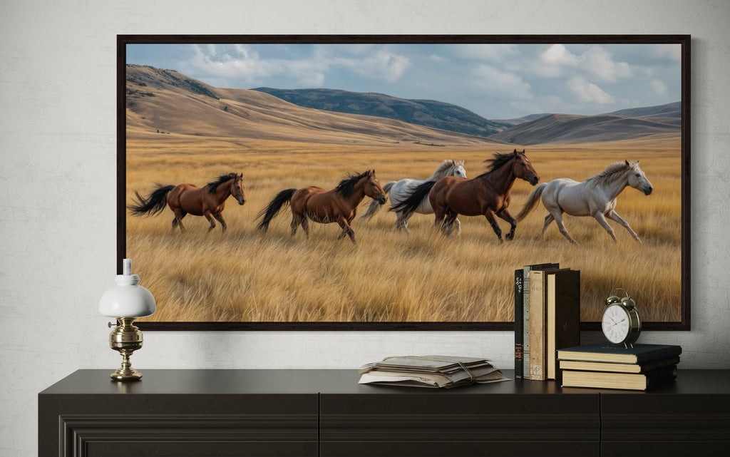 Wild Horses Wall Art – Galloping Horse Canvas Print | Rustic Framed Decor