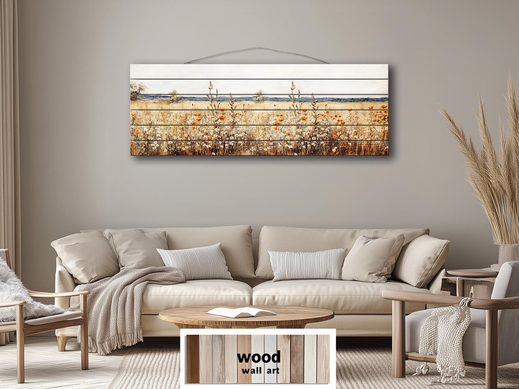 Wildflower Field Long Horizontal Rustic Distressed Wood Wall Art