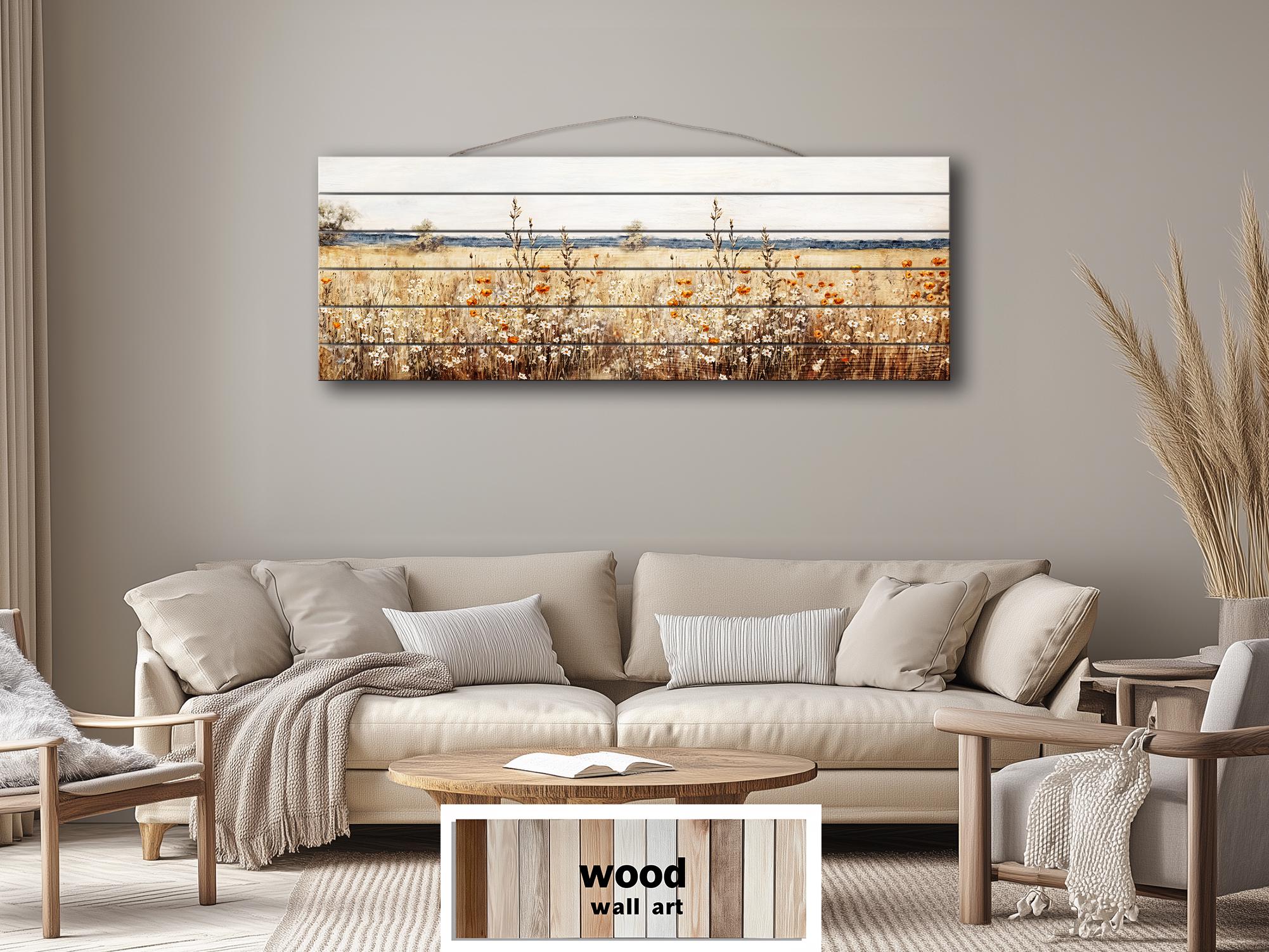 Wildflower Field Long Horizontal Rustic Distressed Wood Wall Art