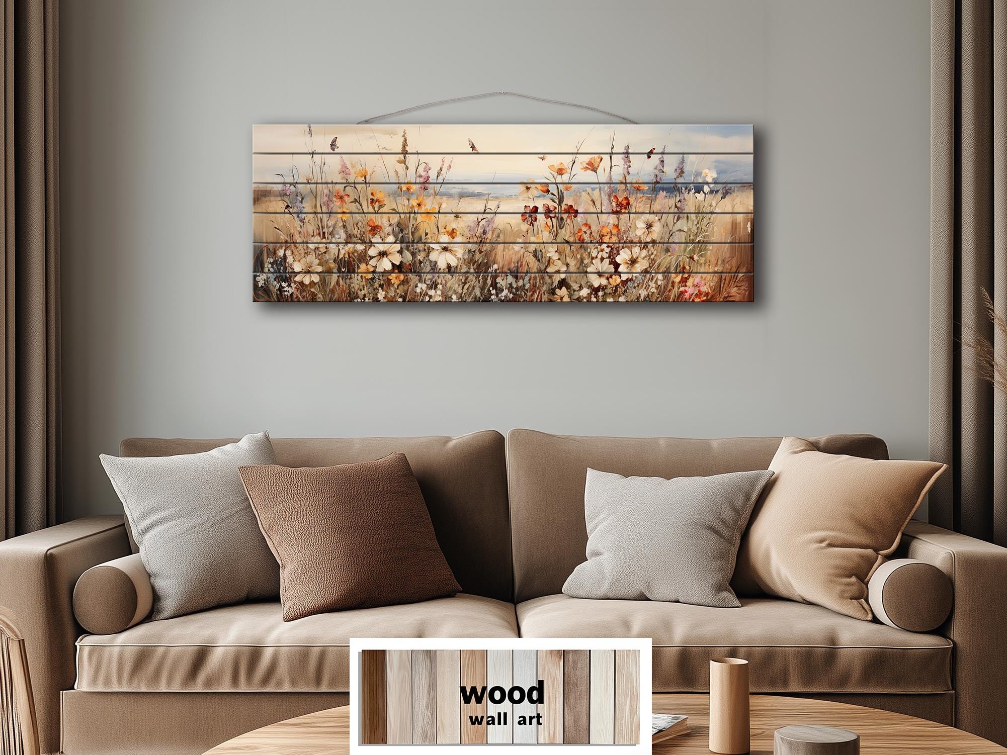 Wildflower Field Wall Art - Distressed Painting Print On for Cottagecore Farmhouse Decor