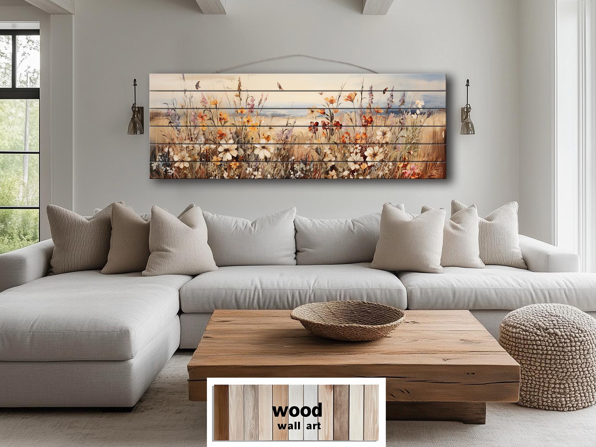 Wildflower Field Wall Art - Distressed Painting Print On for Cottagecore Farmhouse Decor