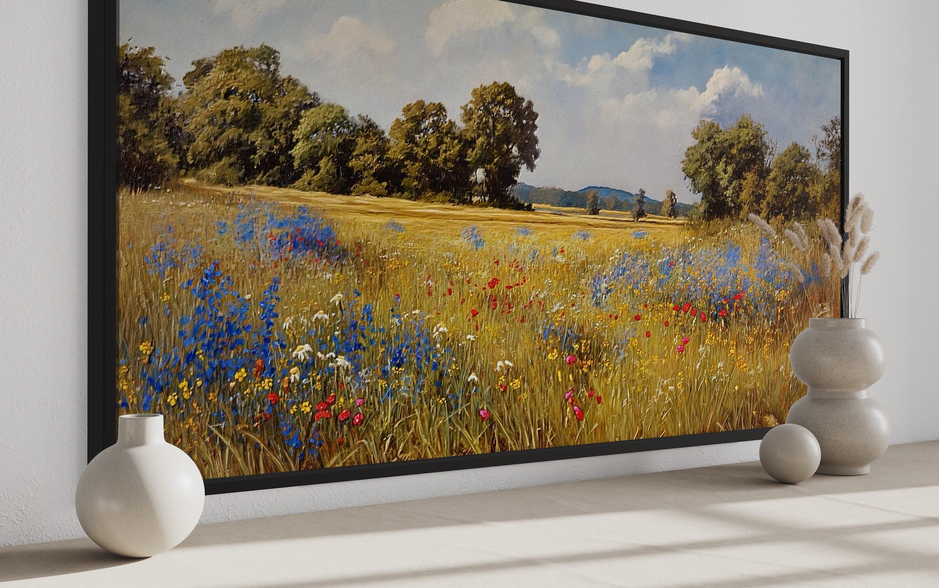 Wildflowers Canvas Wall Art – Vintage Landscape Print | Framed Floral Painting