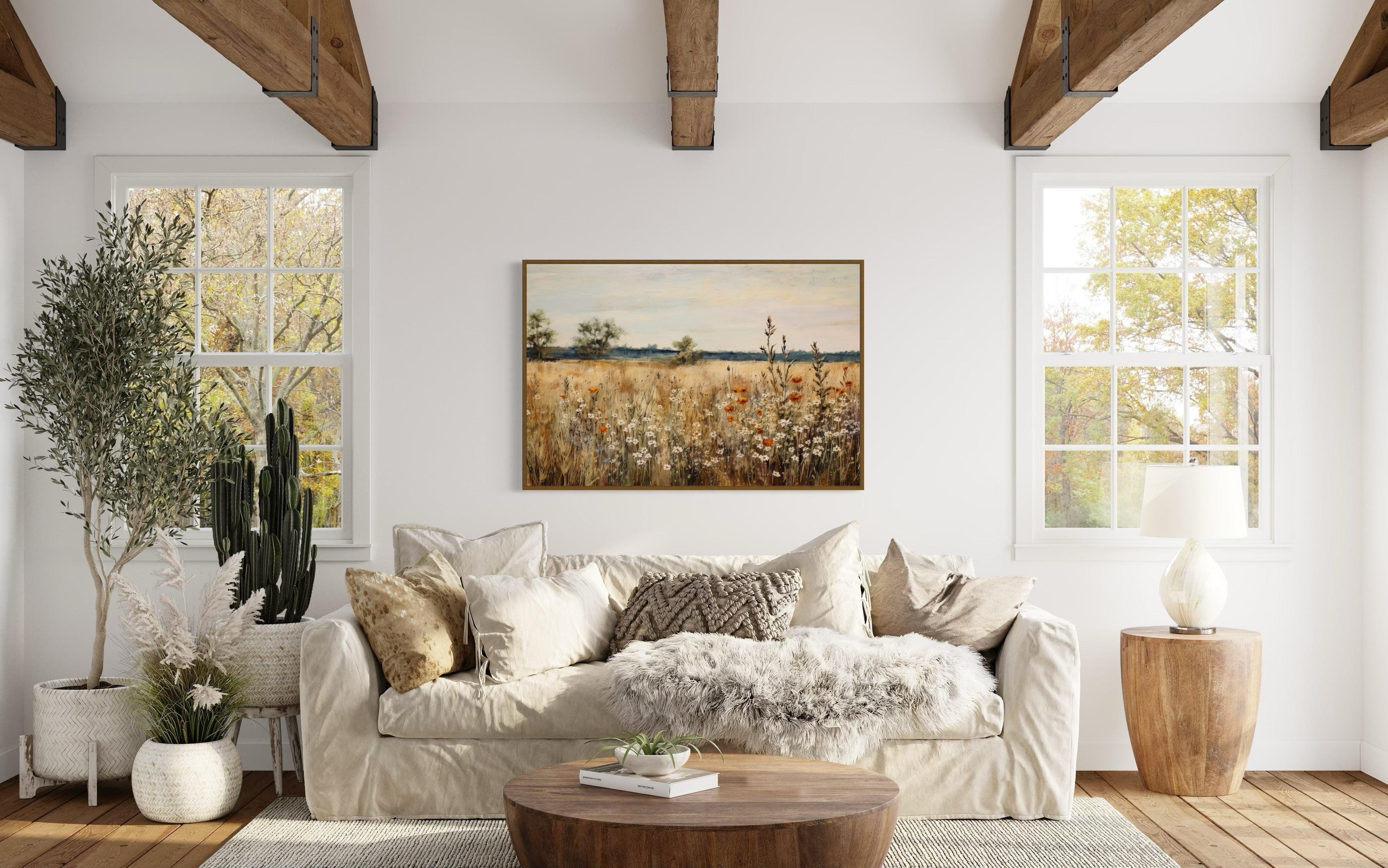Wildflowers Field Vintage Farmhouse Framed Canvas Wall Art