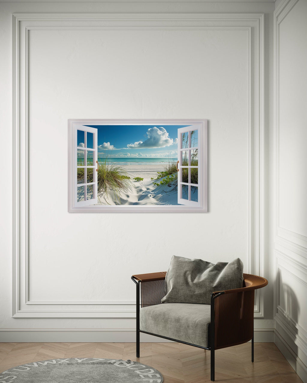 Window View Beach With Sand Dunes And Beach Grass Canvas Wall Art