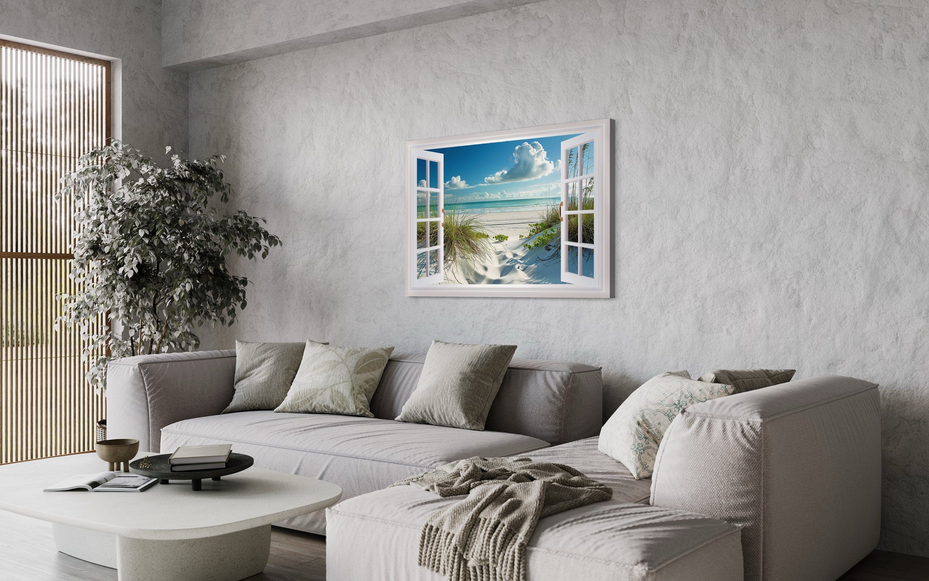 Window View Beach With Sand Dunes And Beach Grass Canvas Wall Art