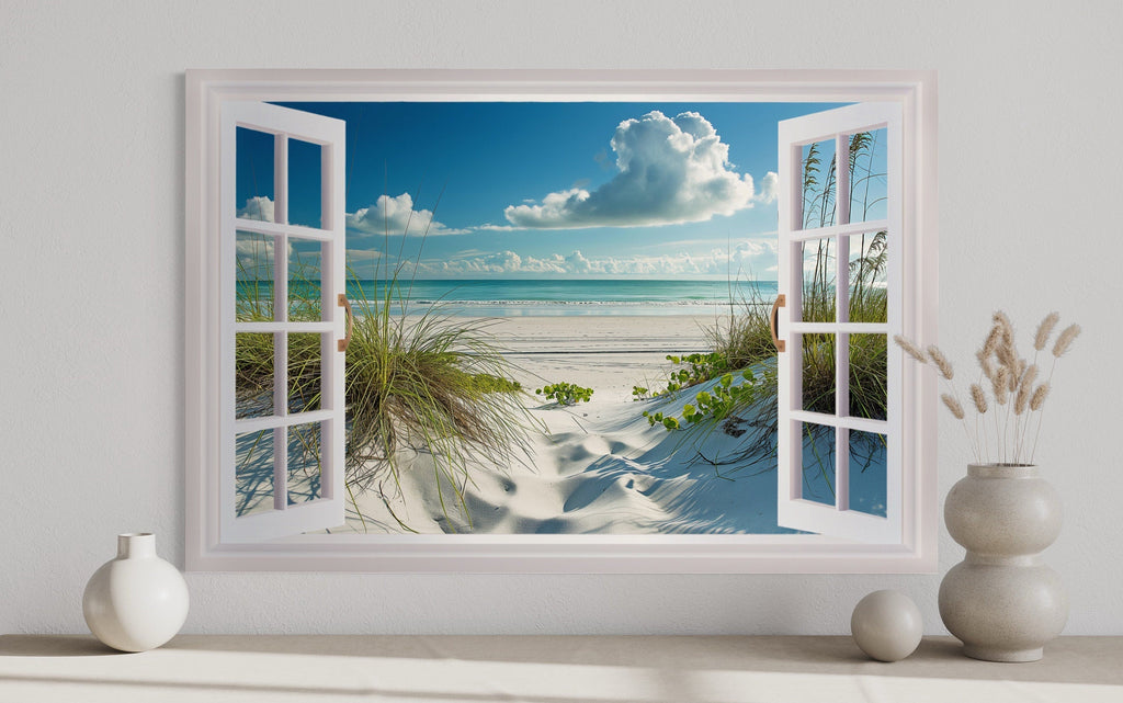 Window View Beach With Sand Dunes And Beach Grass Canvas Wall Art