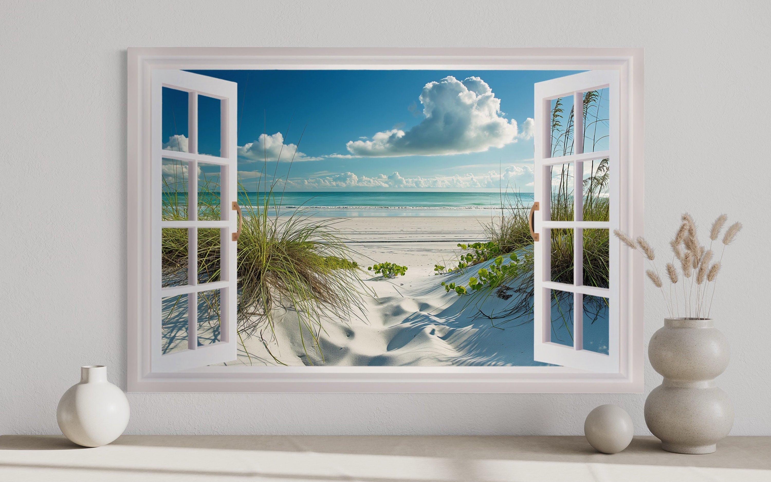 Window View Beach With Sand Dunes And Beach Grass Canvas Wall Art