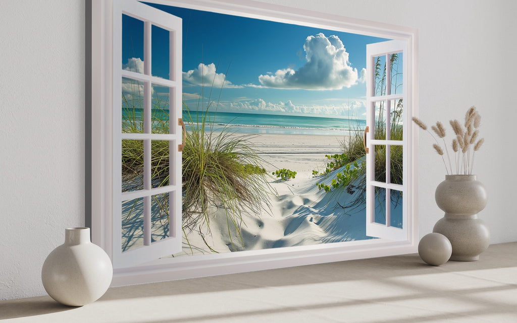 Window View Beach With Sand Dunes And Beach Grass Canvas Wall Art