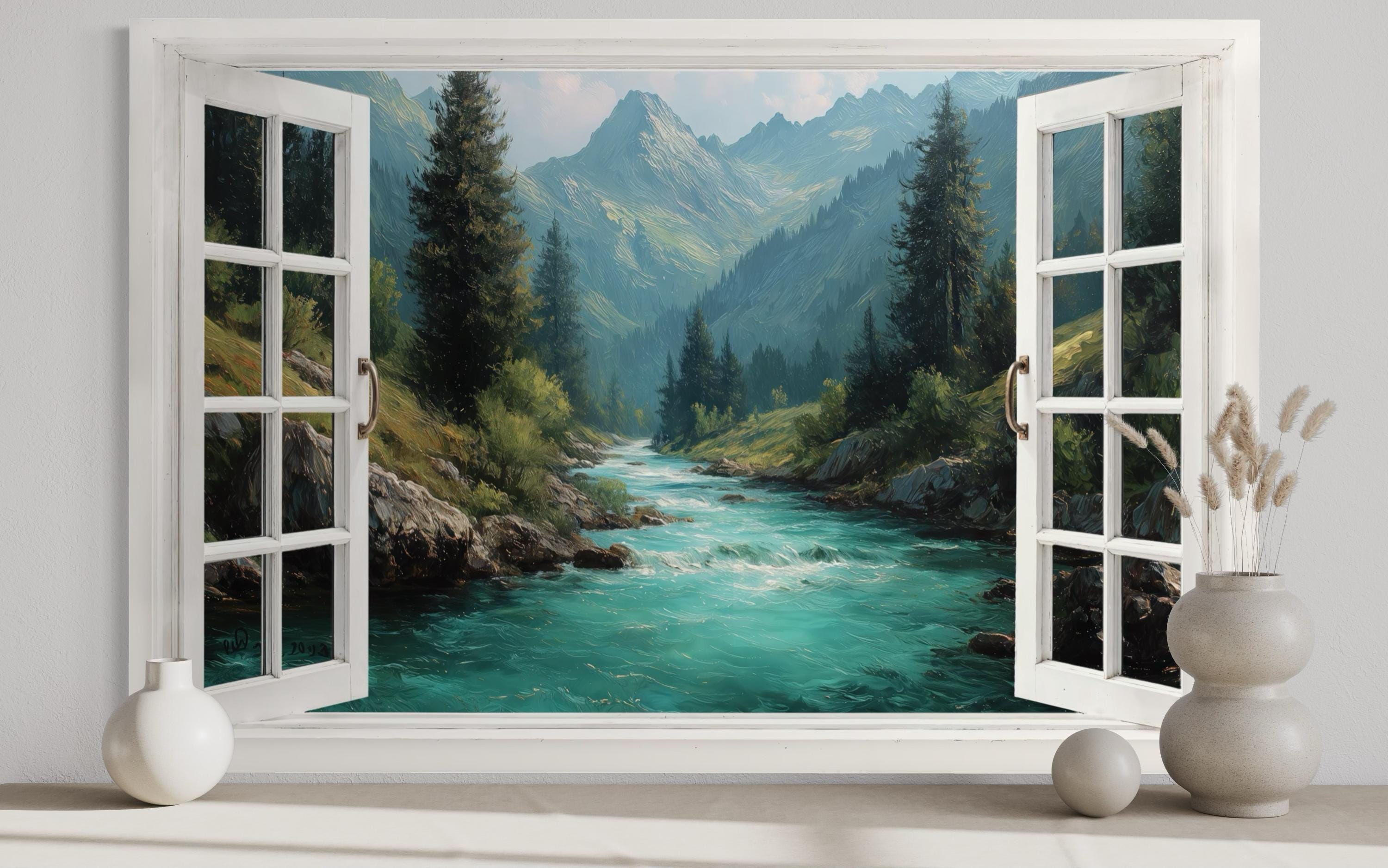 Window View Canvas - Turquoise River And Green Mountains Nature Landscape