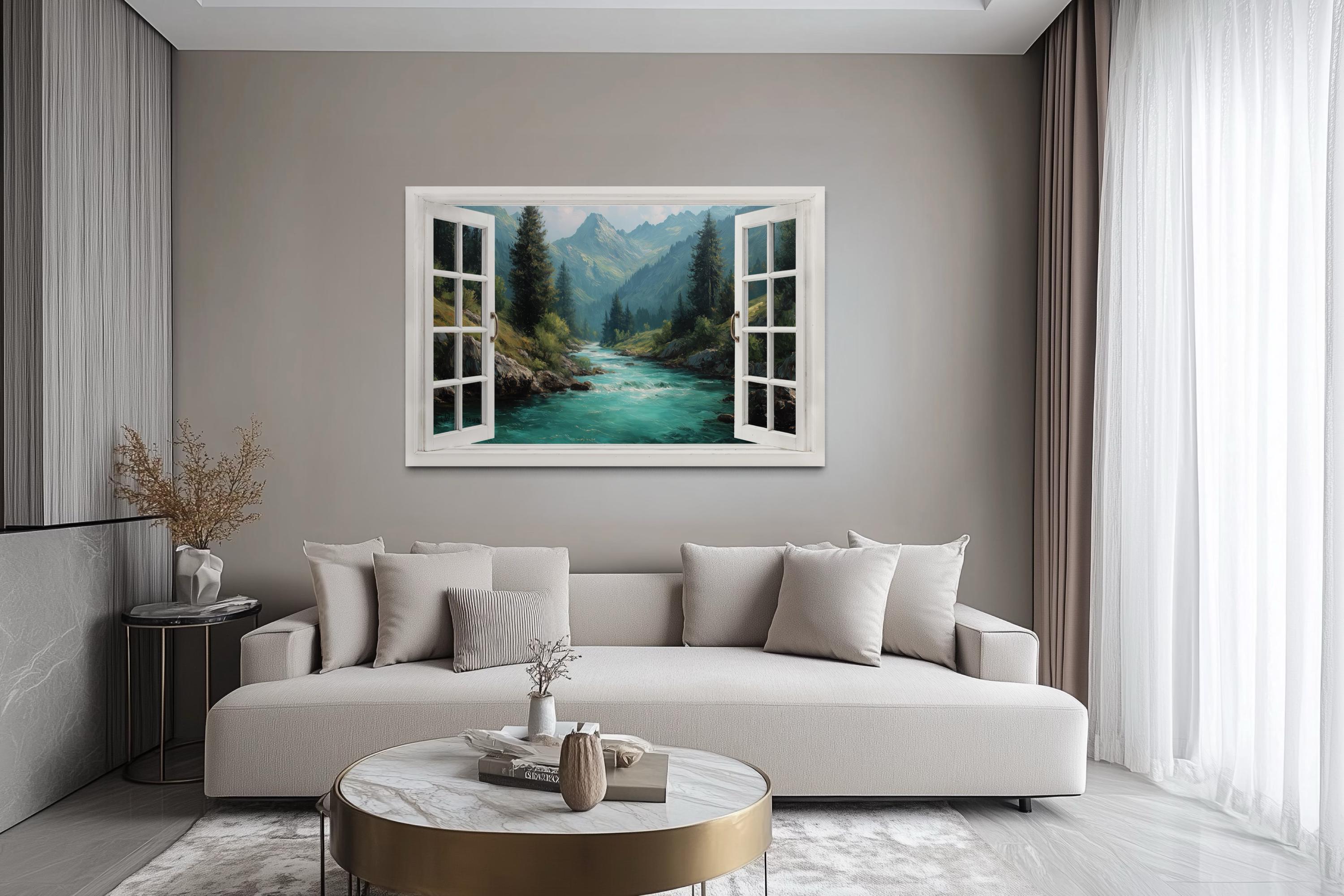 Window View Canvas - Turquoise River And Green Mountains Nature Landscape