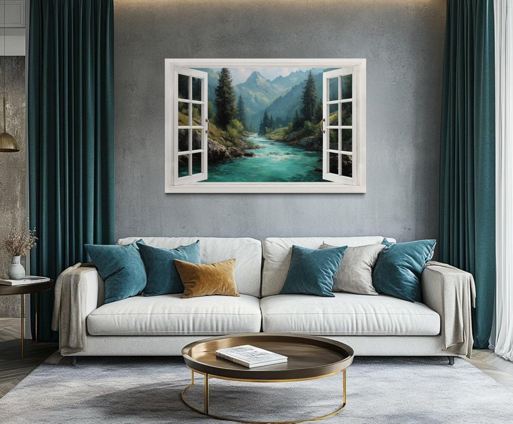 Window View Canvas - Turquoise River And Green Mountains Nature Landscape