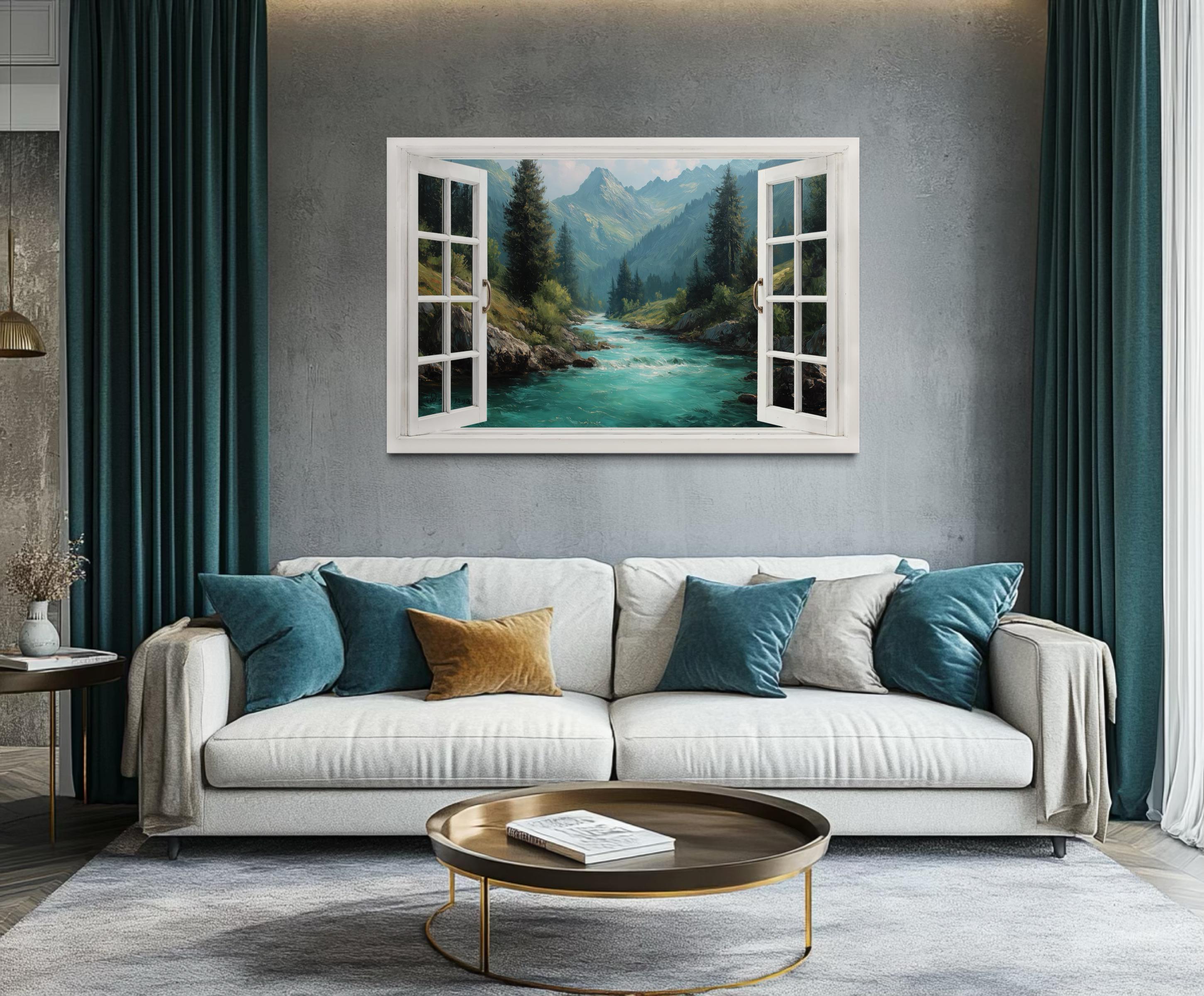 Window View Canvas - Turquoise River And Green Mountains Nature Landscape
