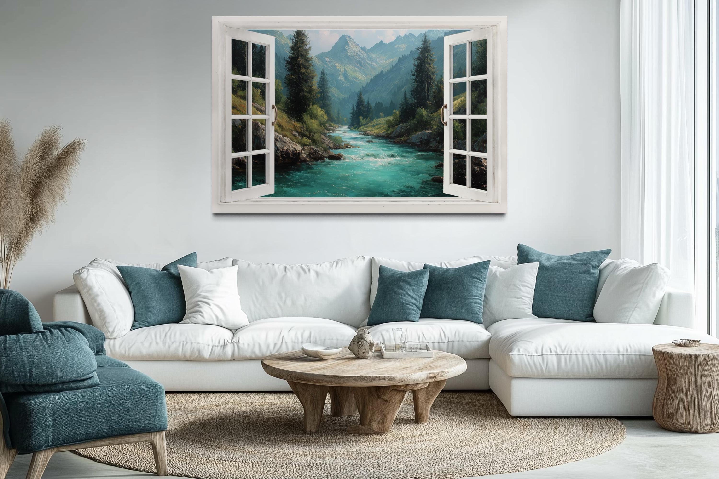 Window View Canvas - Turquoise River And Green Mountains Nature Landscape