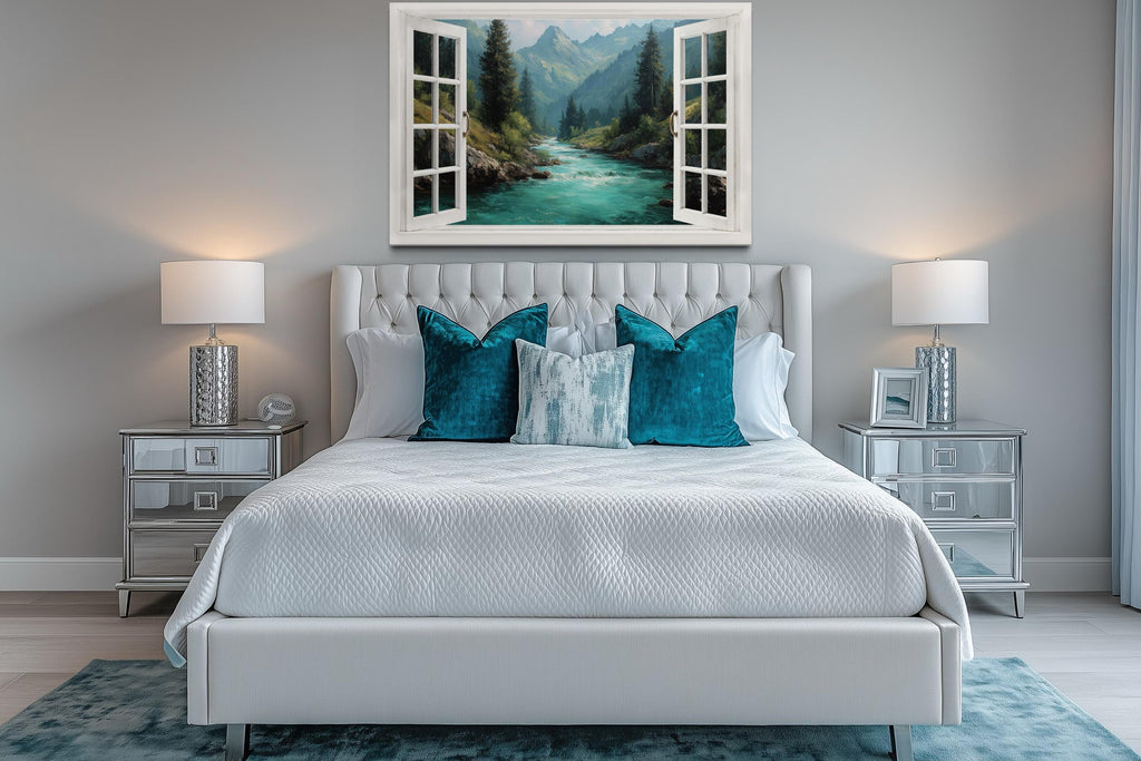 Window View Canvas - Turquoise River And Green Mountains Nature Landscape