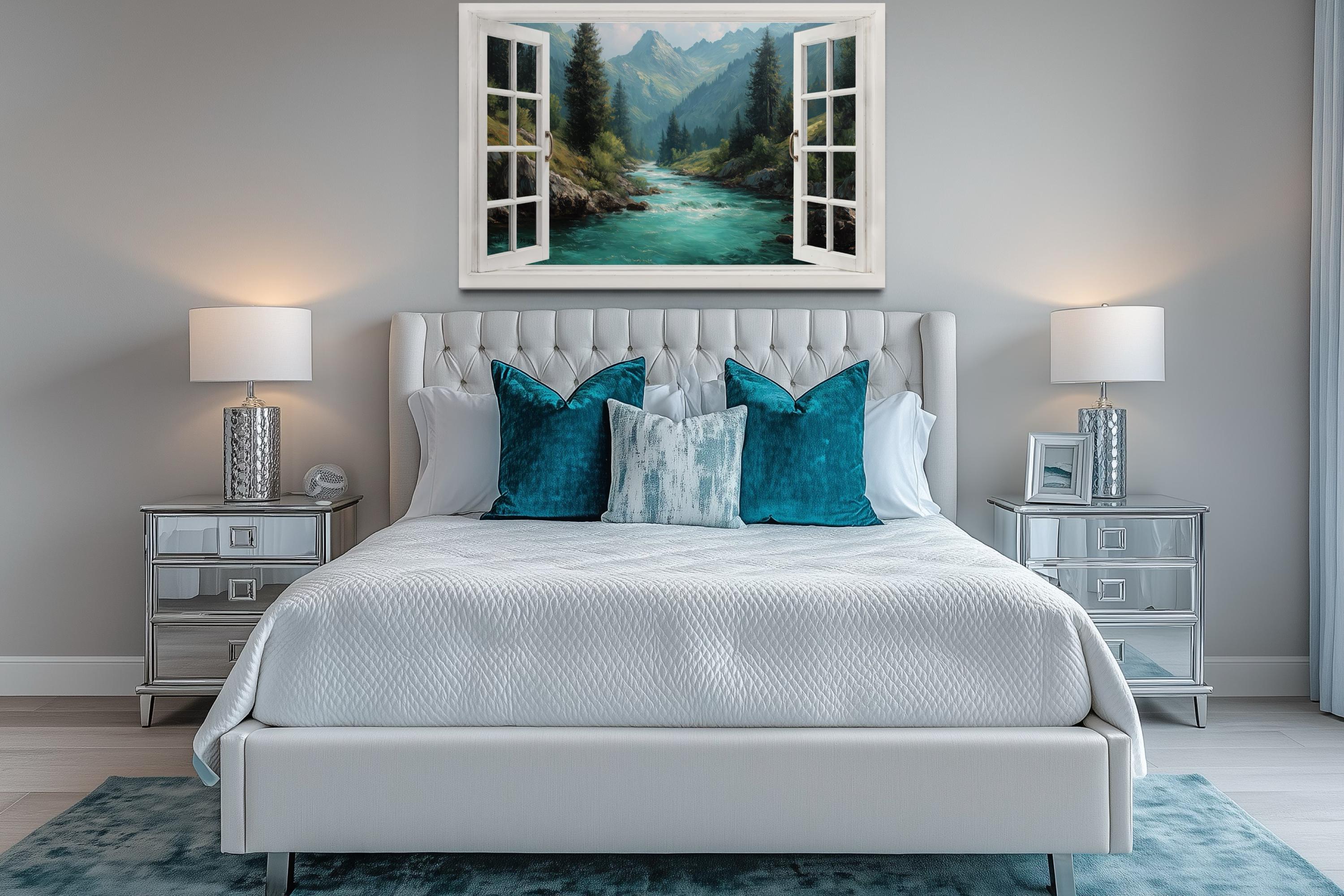 Window View Canvas - Turquoise River And Green Mountains Nature Landscape