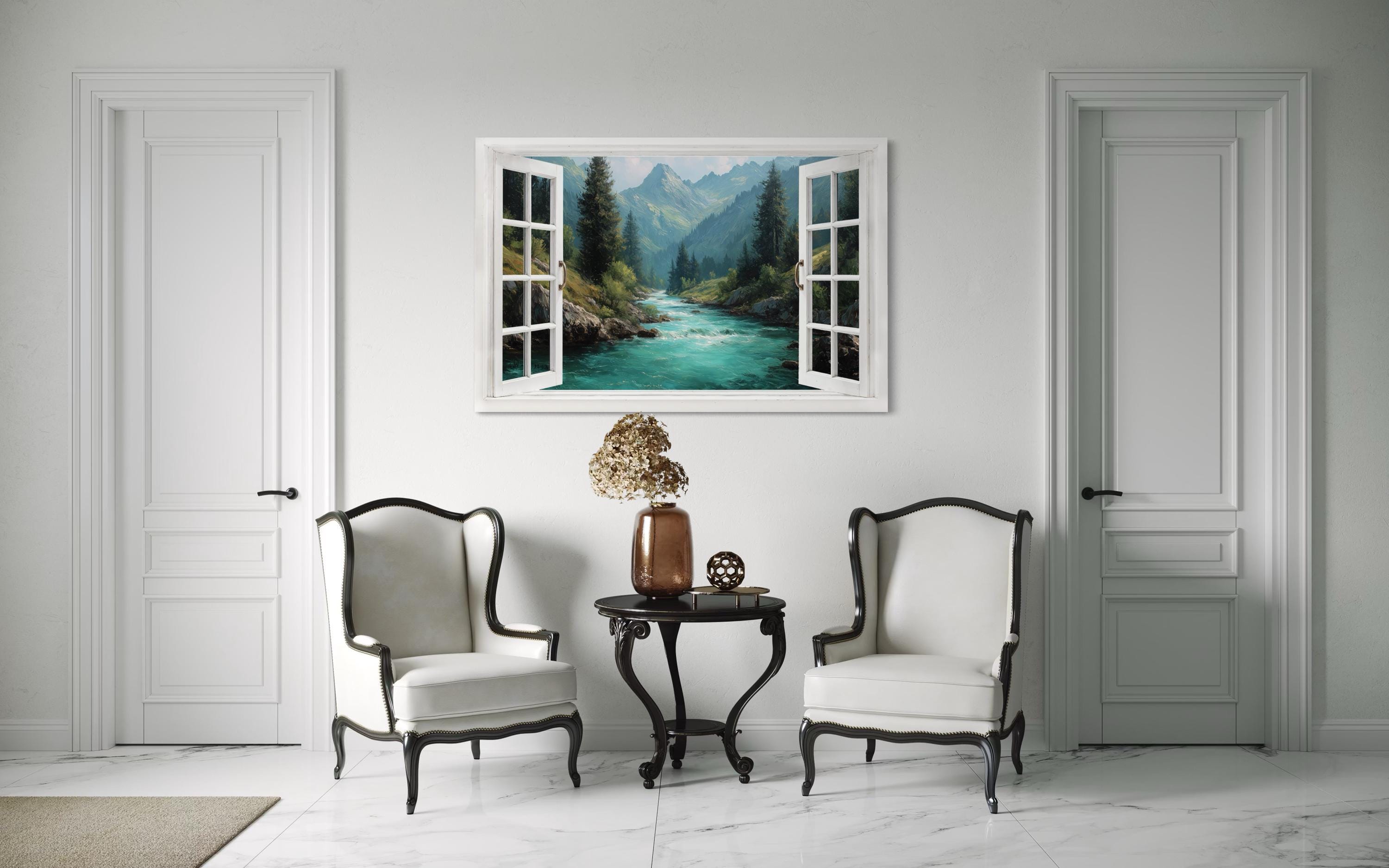 Window View Canvas - Turquoise River And Green Mountains Nature Landscape