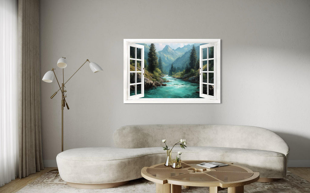 Window View Canvas - Turquoise River And Green Mountains Nature Landscape