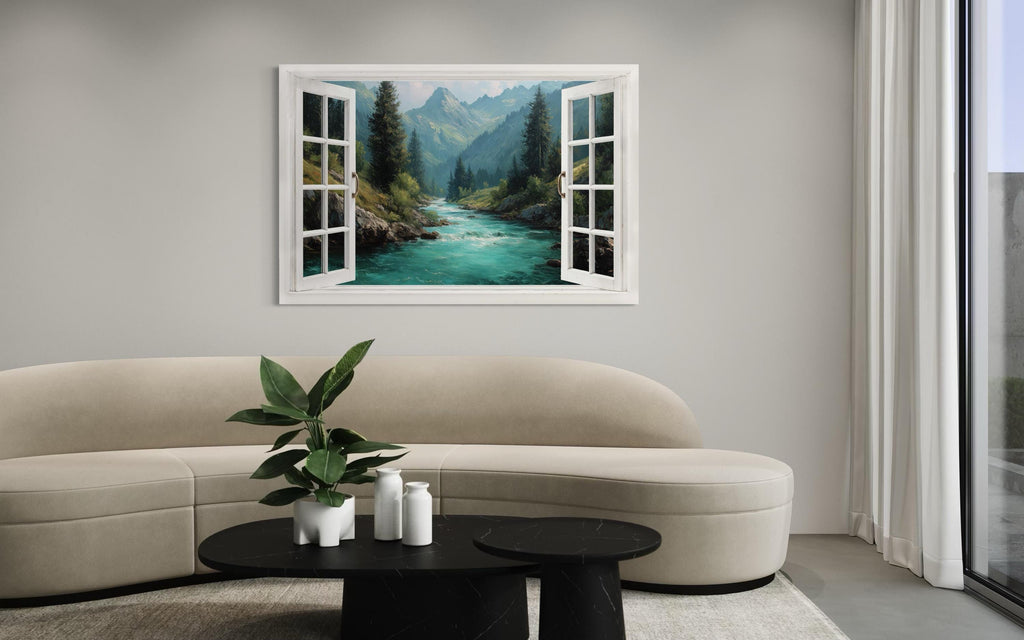 Window View Canvas - Turquoise River And Green Mountains Nature Landscape