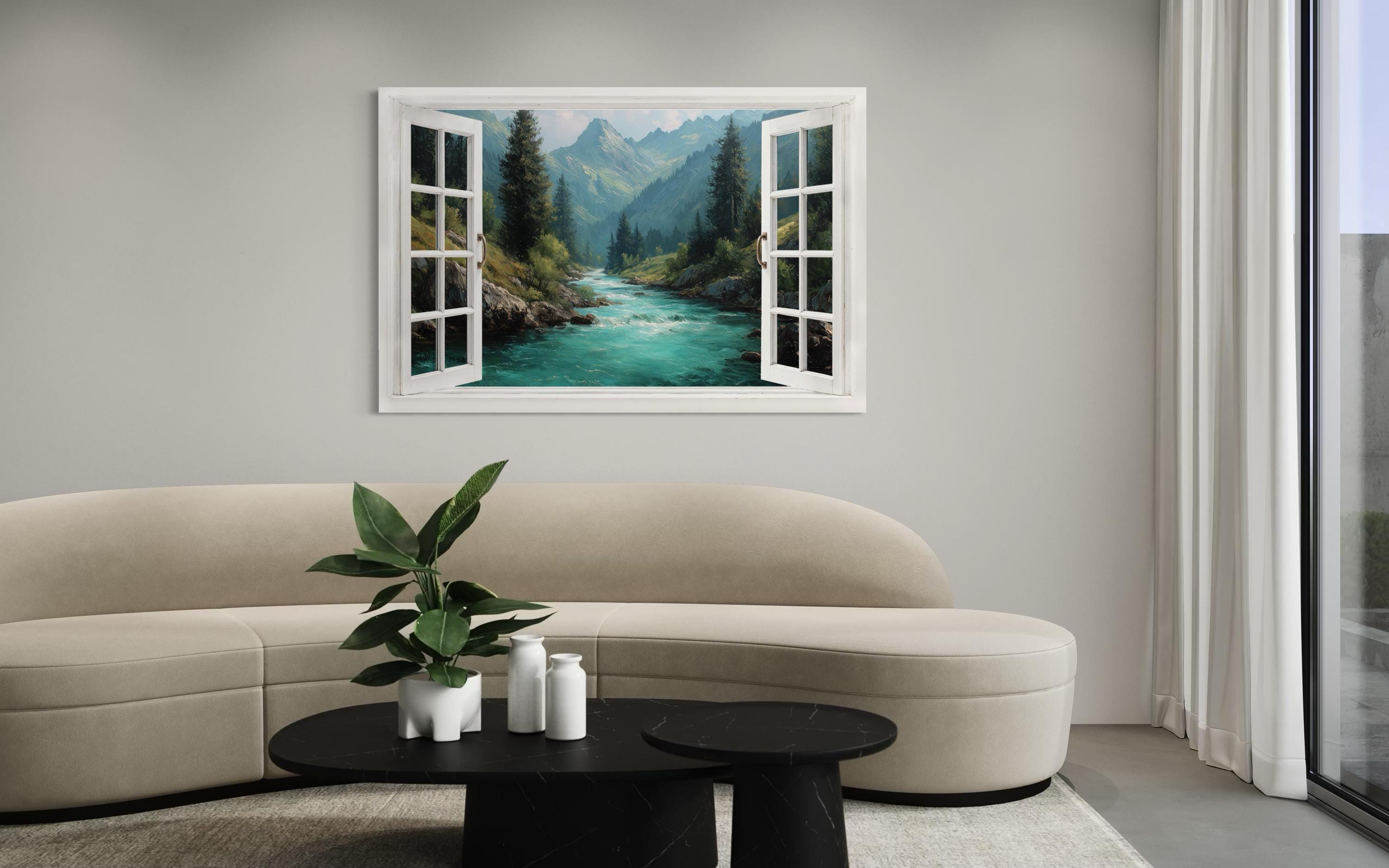 Window View Canvas - Turquoise River And Green Mountains Nature Landscape