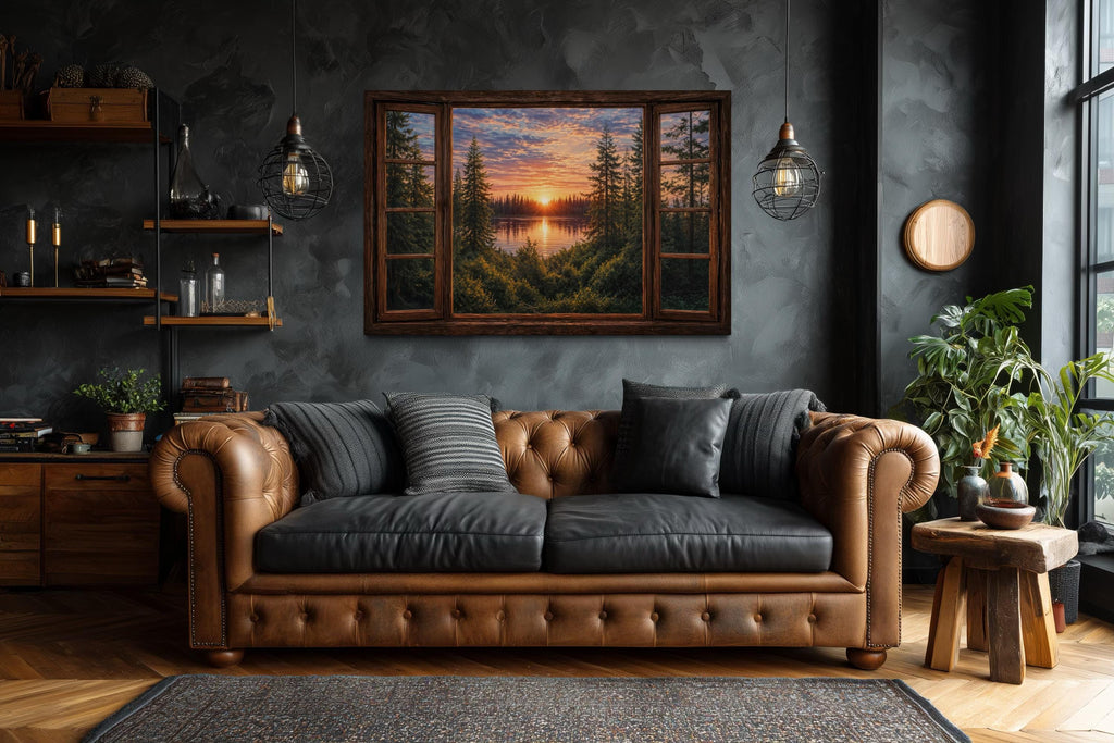 Window View of Forest Lake Sunset Canvas Wall Art