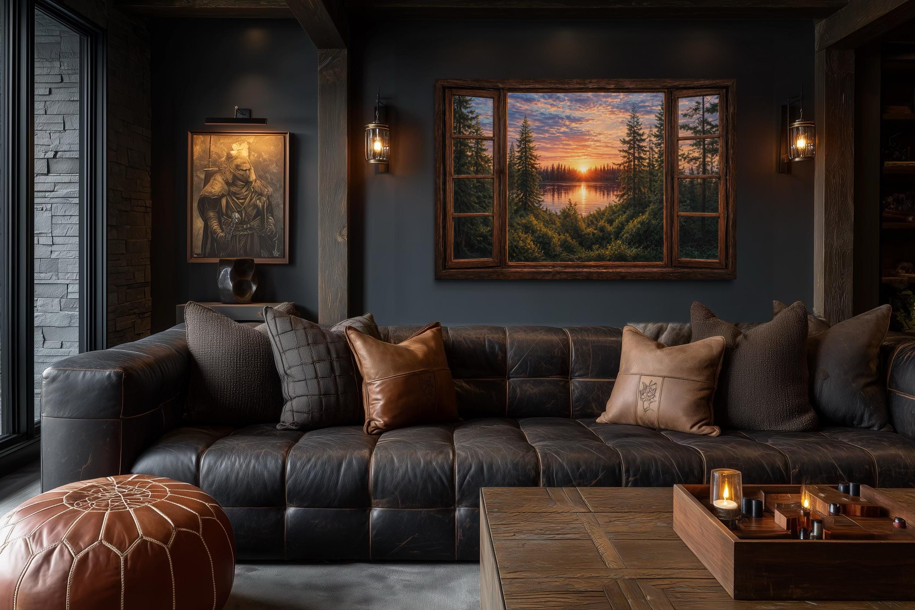 Window View of Forest Lake Sunset Canvas Wall Art