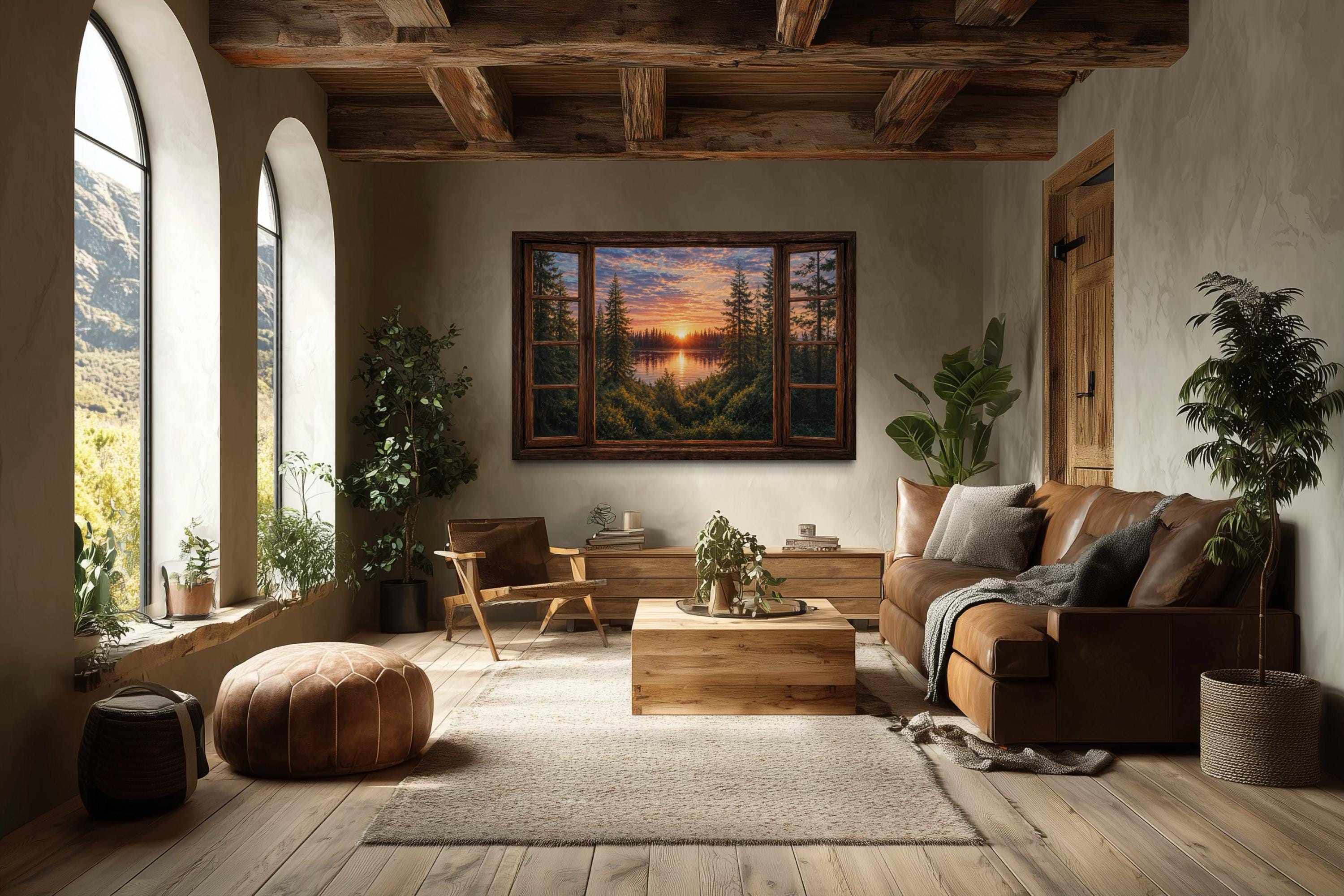 Window View of Forest Lake Sunset Canvas Wall Art