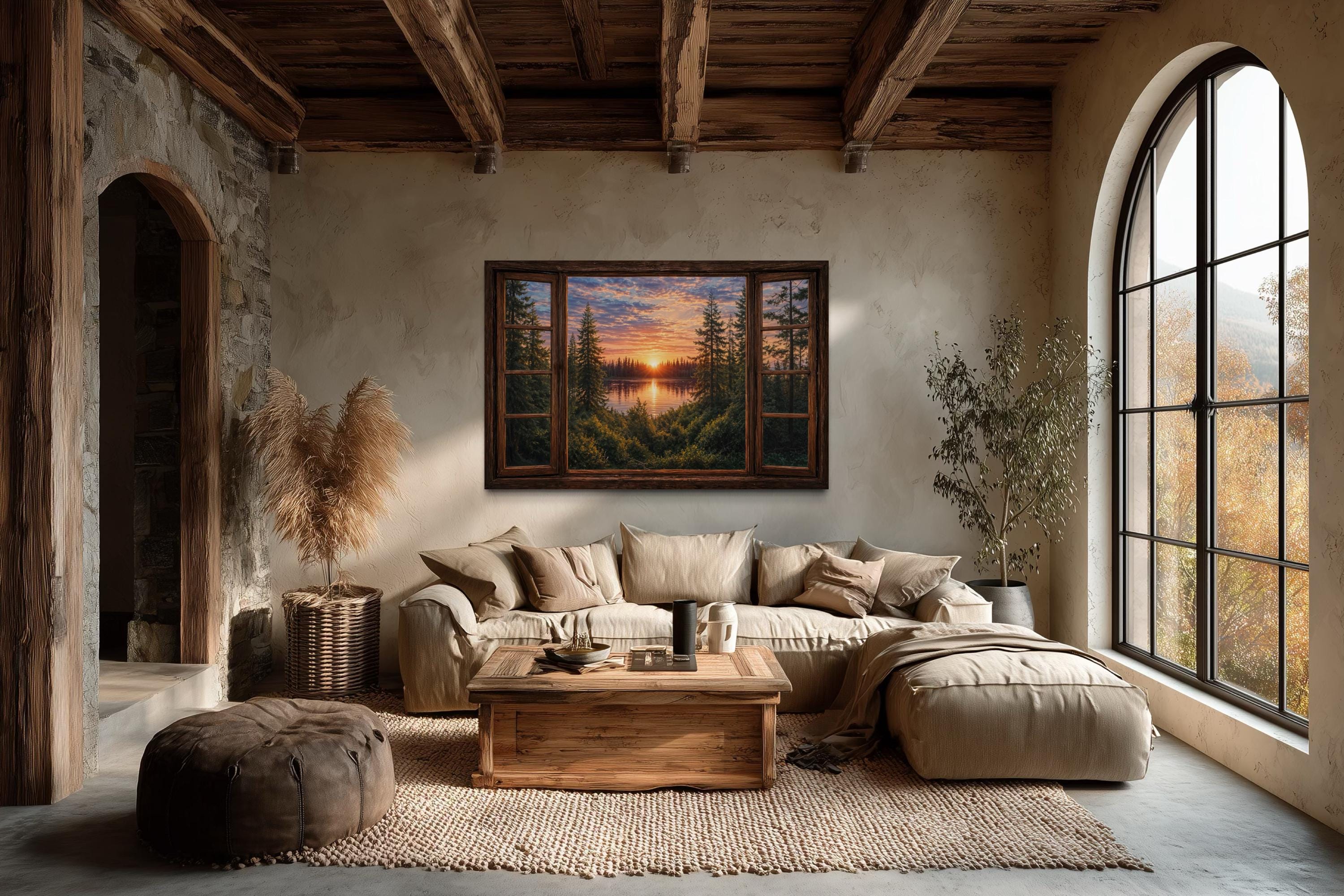 Window View of Forest Lake Sunset Canvas Wall Art