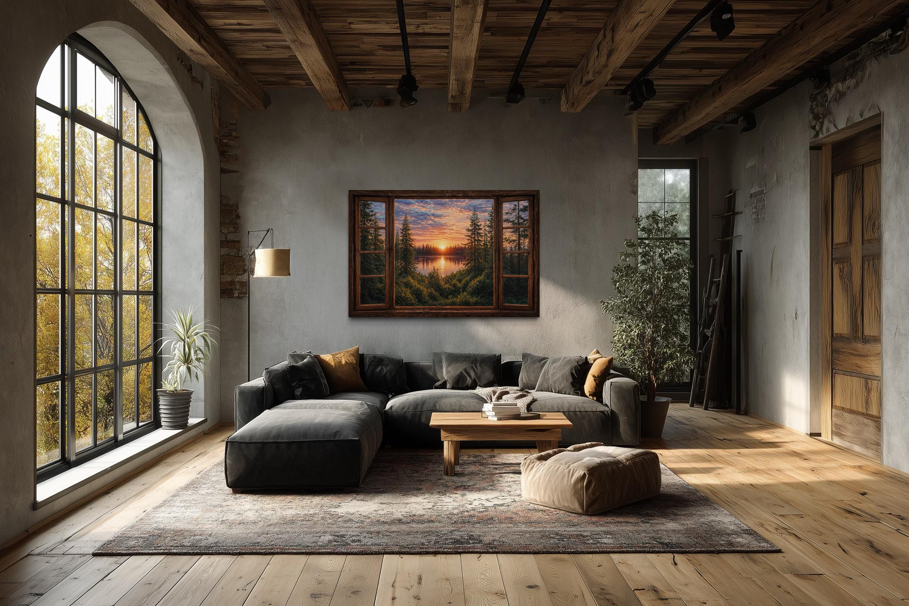 Window View of Forest Lake Sunset Canvas Wall Art