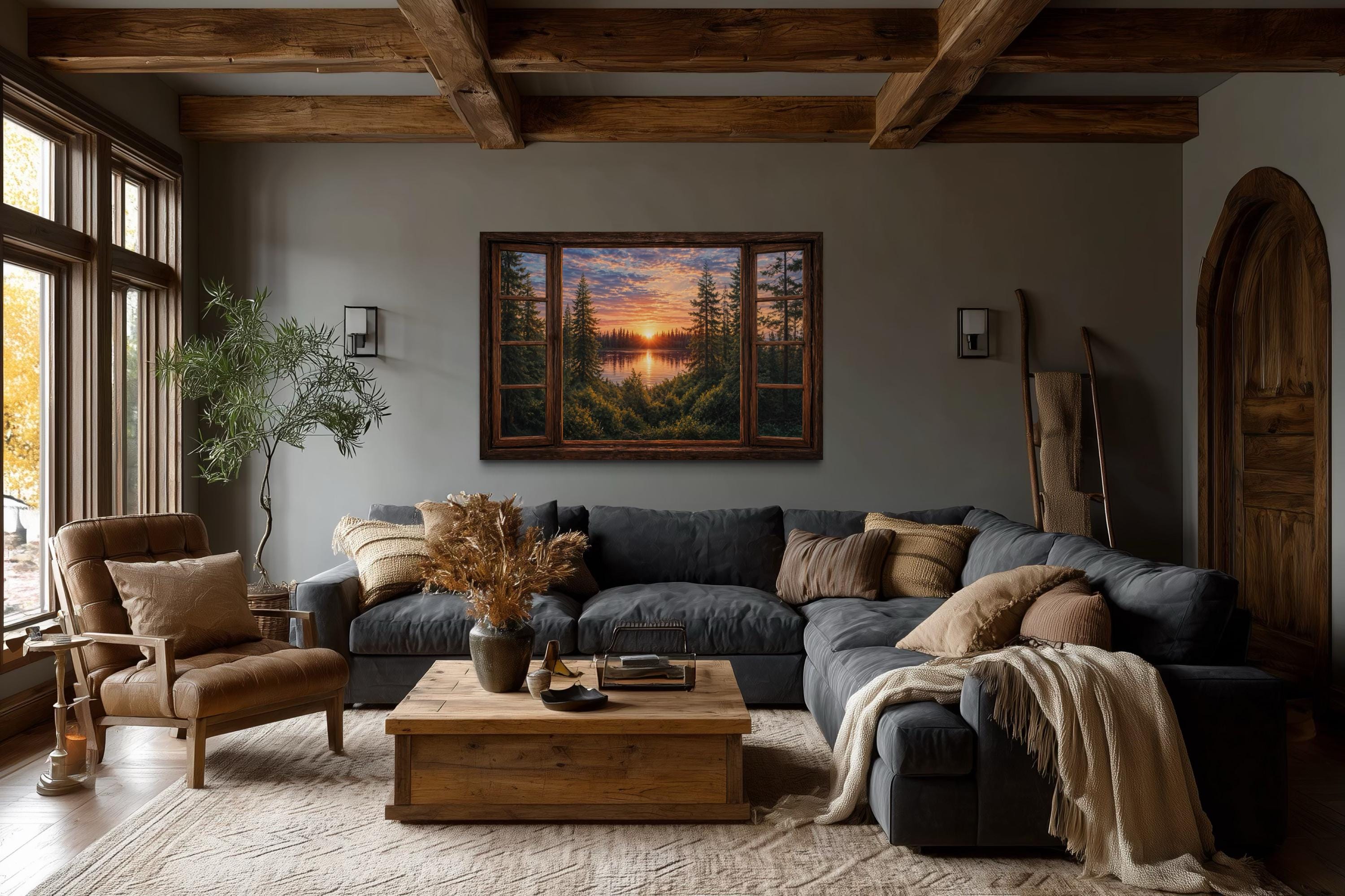 Window View of Forest Lake Sunset Canvas Wall Art