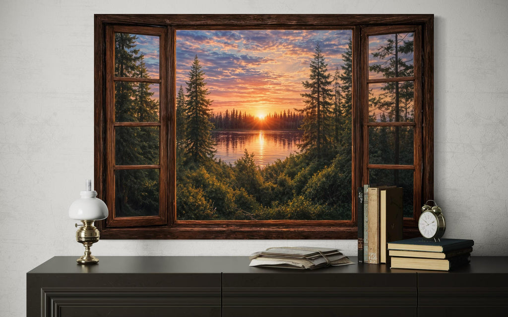 Window View of Forest Lake Sunset Canvas Wall Art