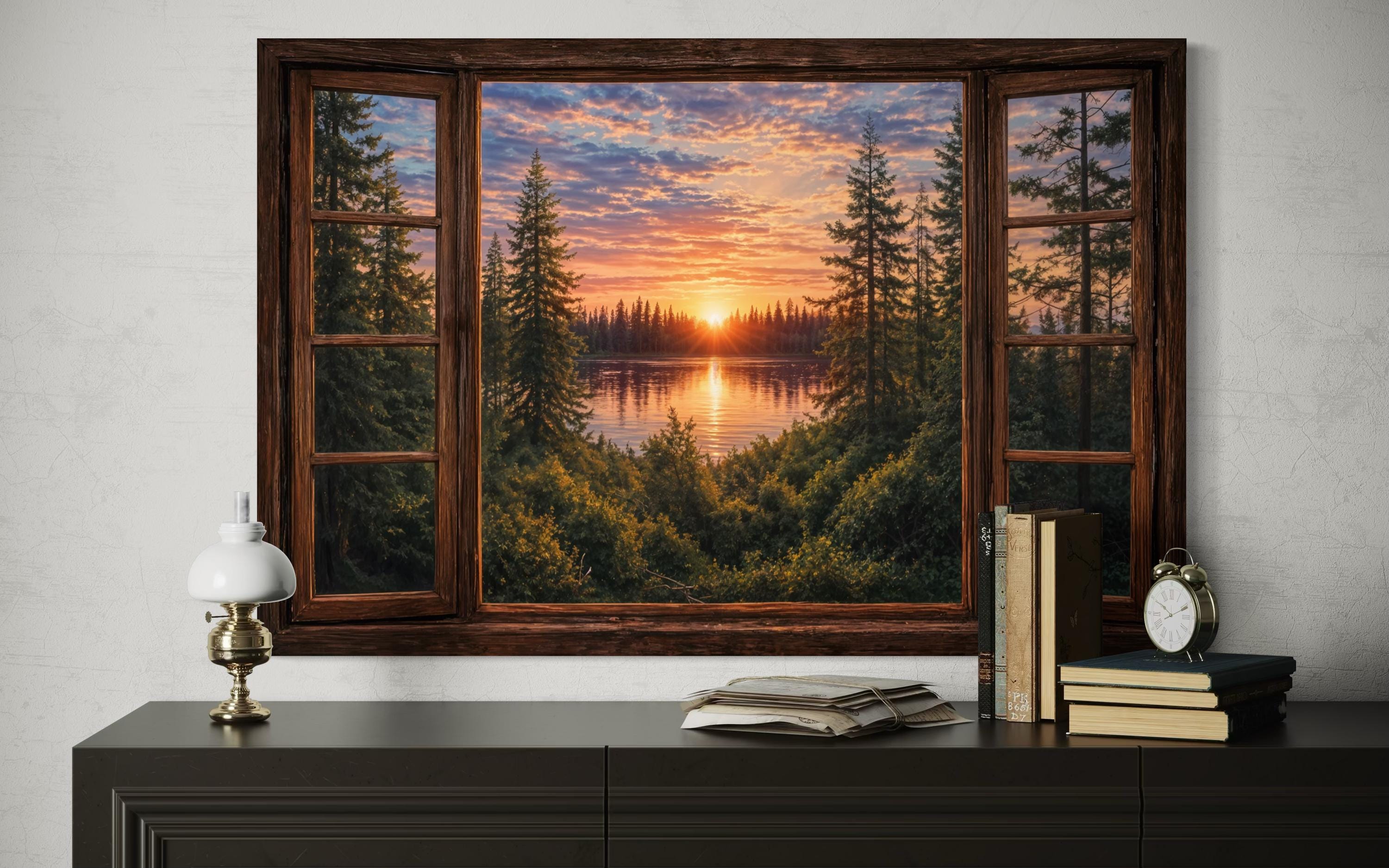 Window View of Forest Lake Sunset Canvas Wall Art